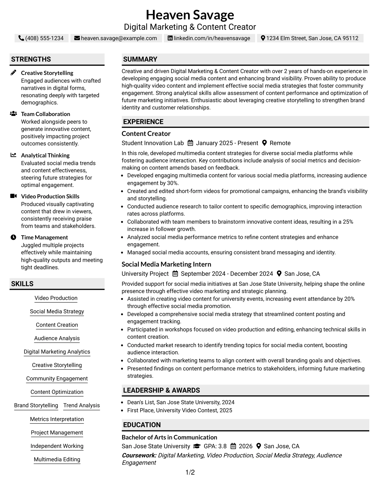 Resume Example Page 1