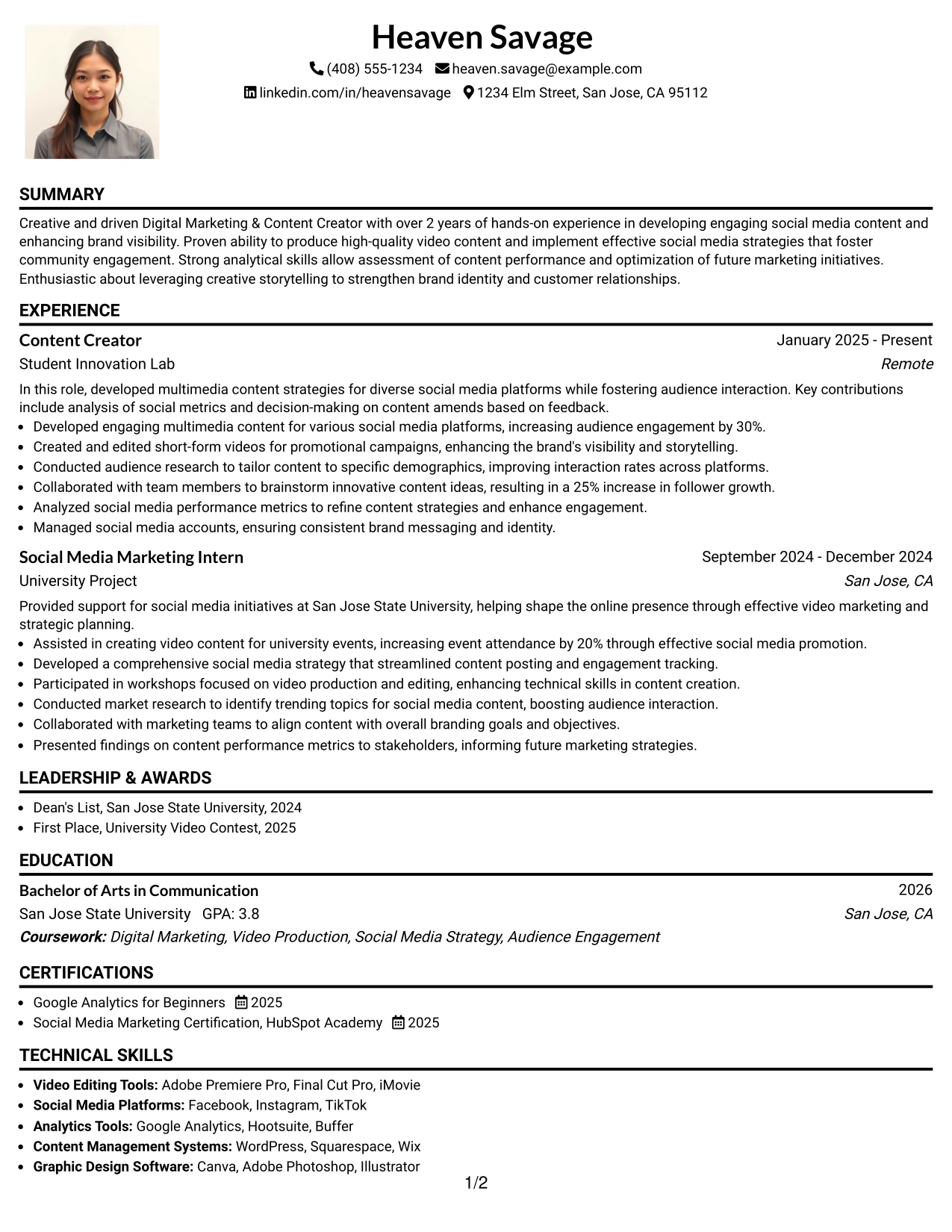 Resume Example Page 1