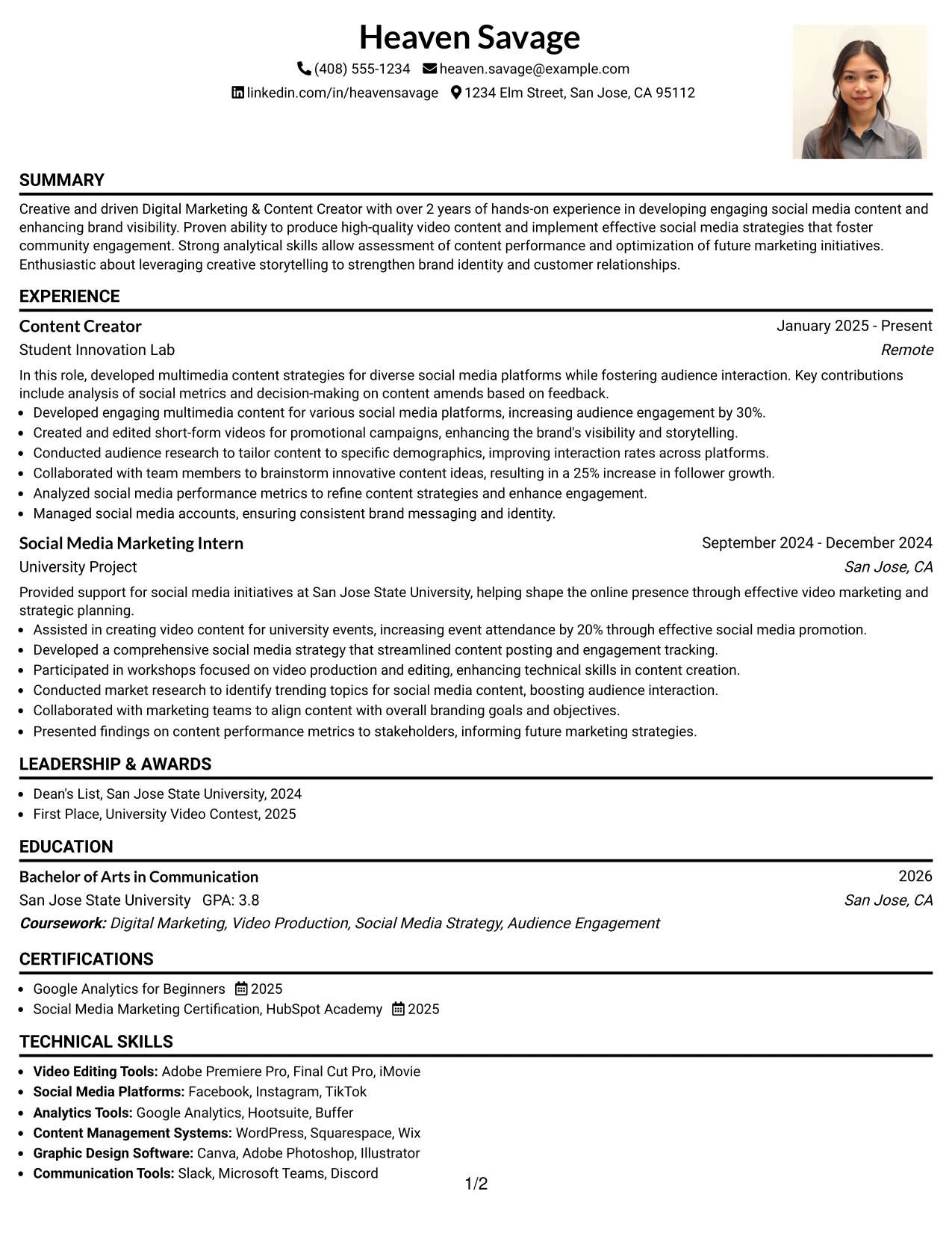 Resume Example Page 1