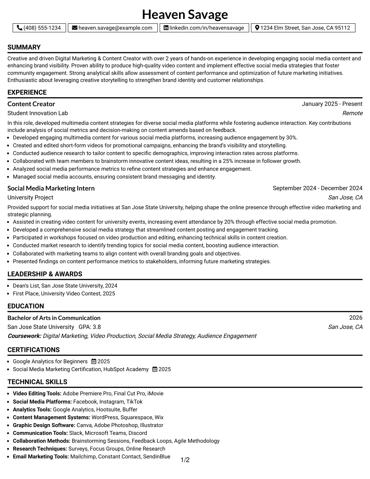 Resume Example Page 1