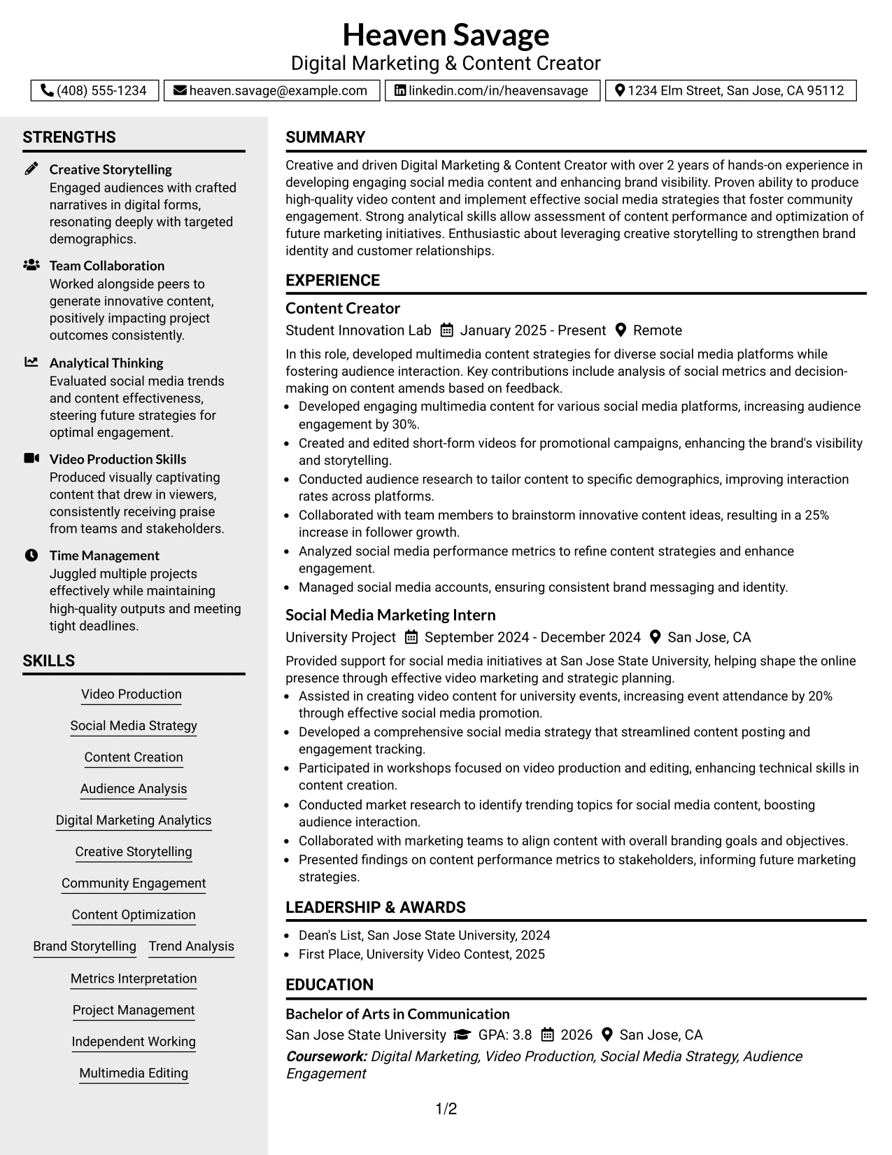 Resume Example Page 1