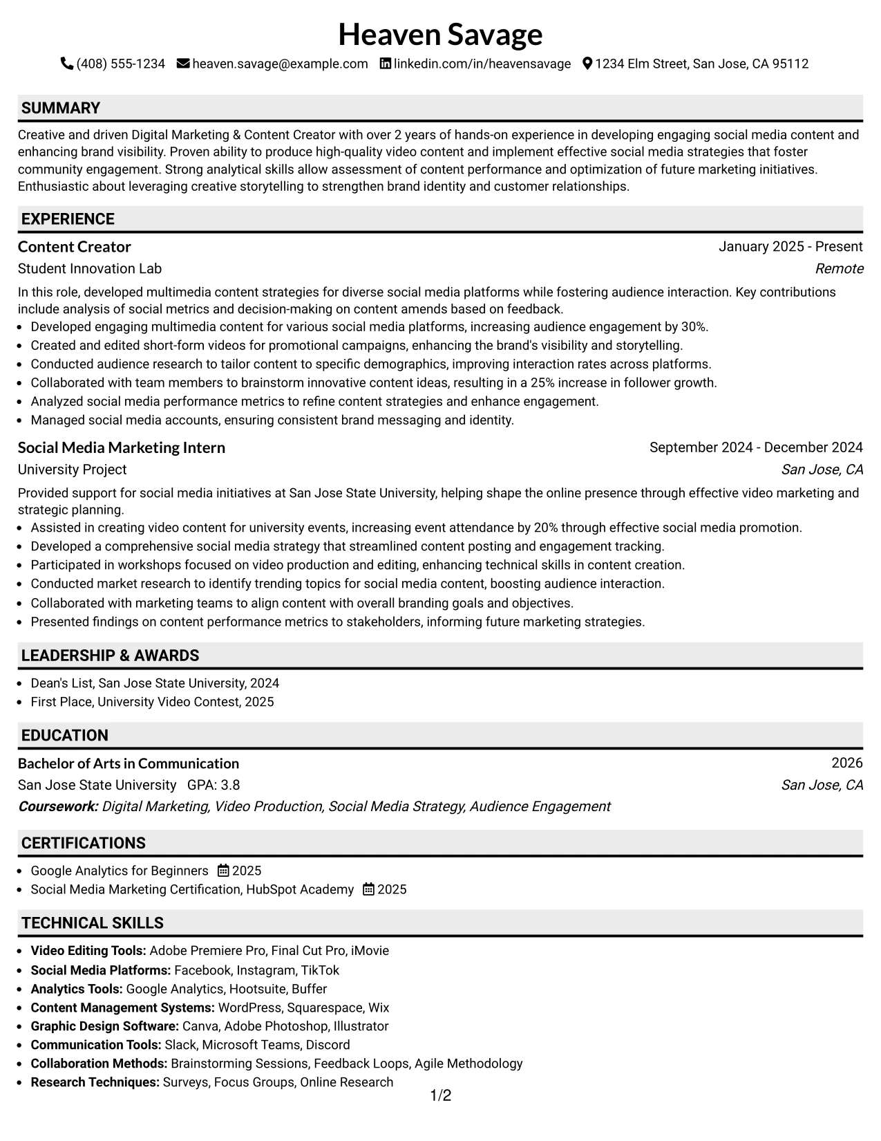 Resume Example Page 1