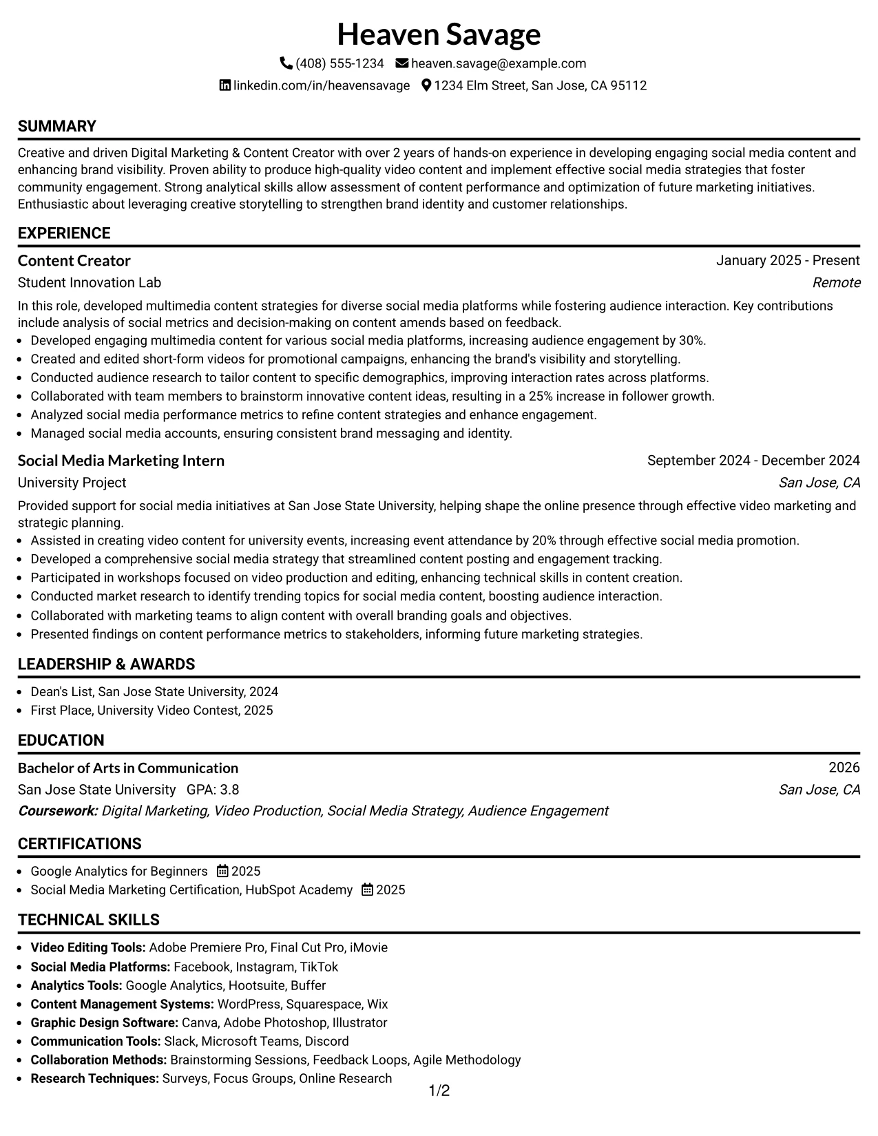 Resume Example Page 1