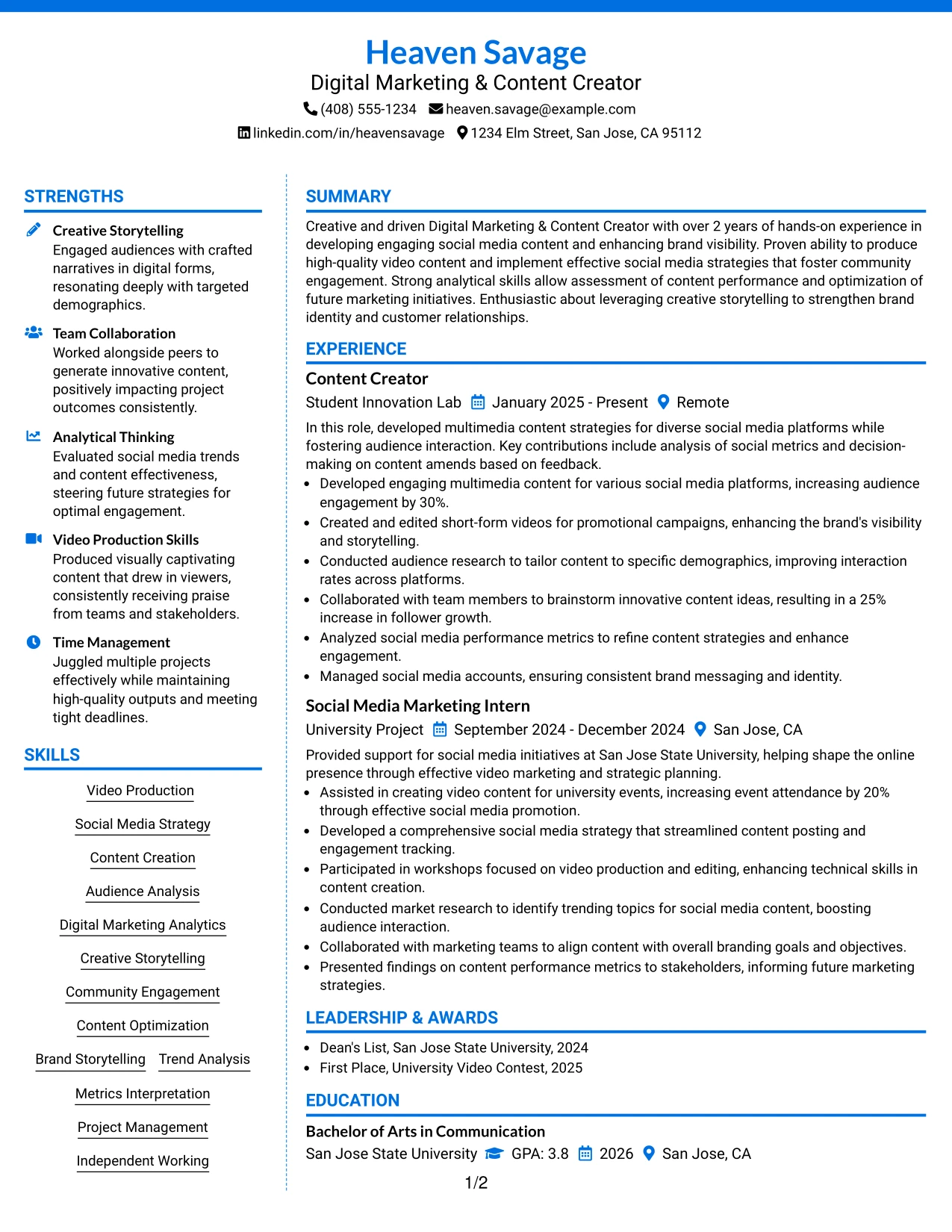 Resume Example Page 1