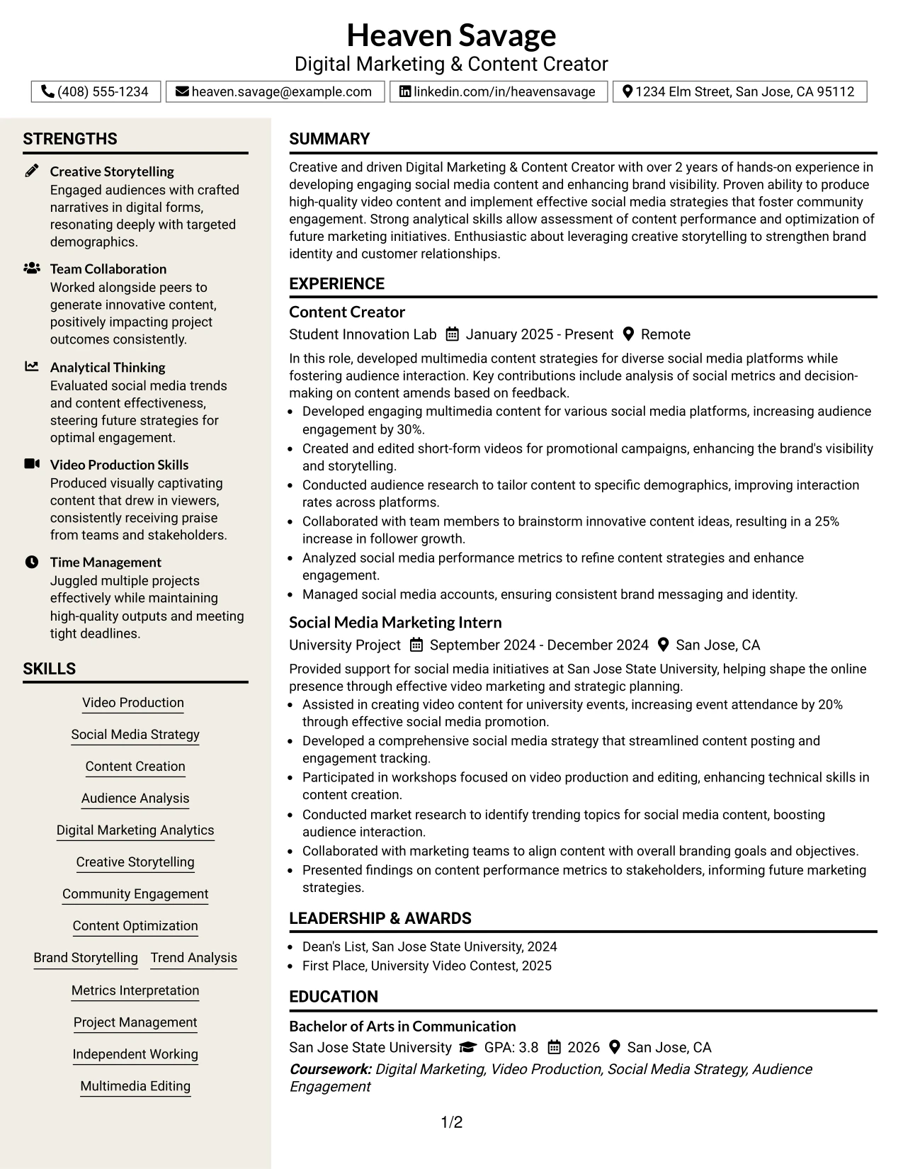 Resume Example Page 1