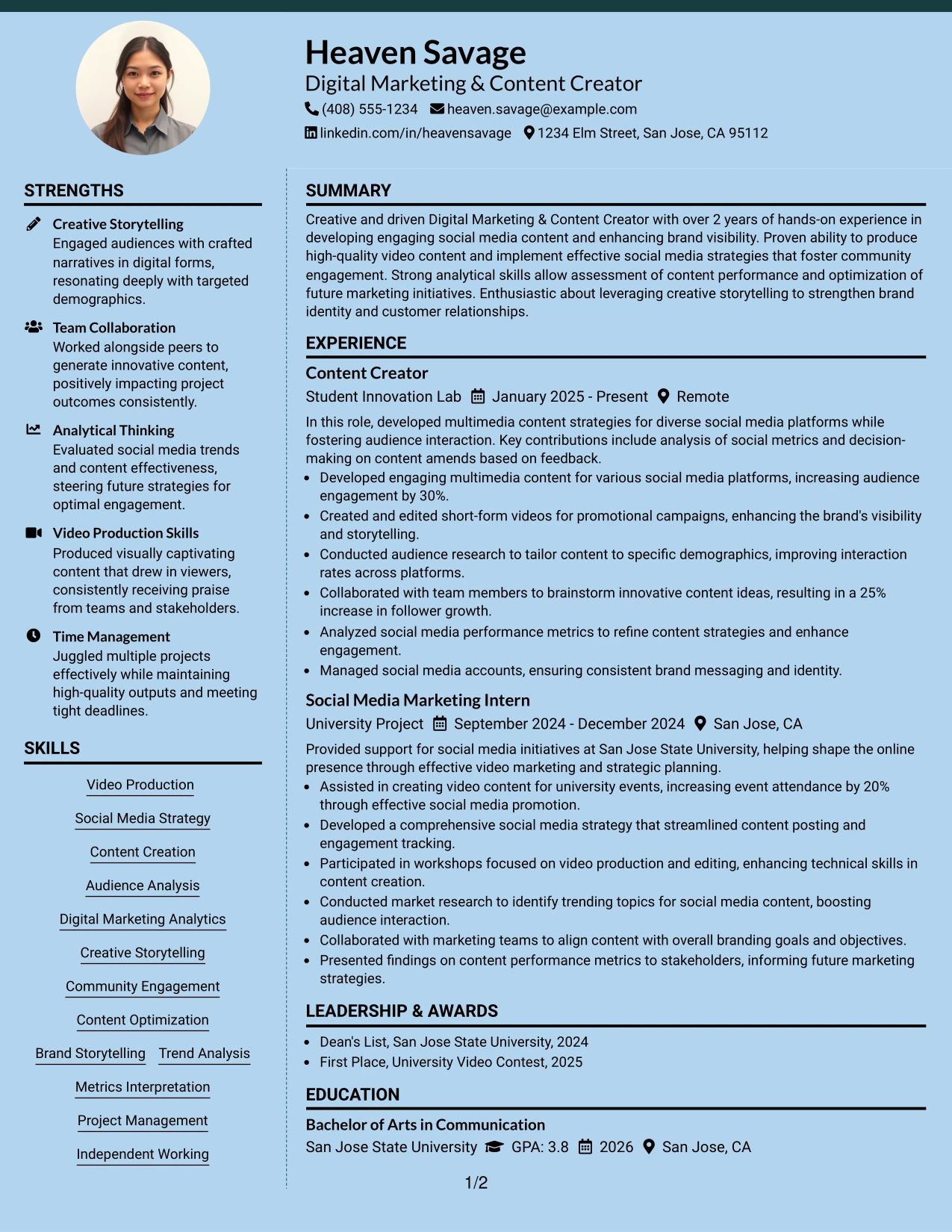 Resume Example Page 1