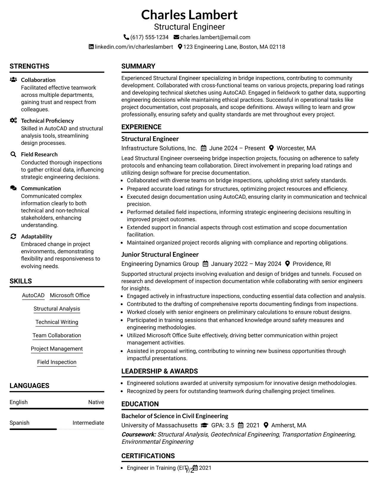 Resume Example Page 1