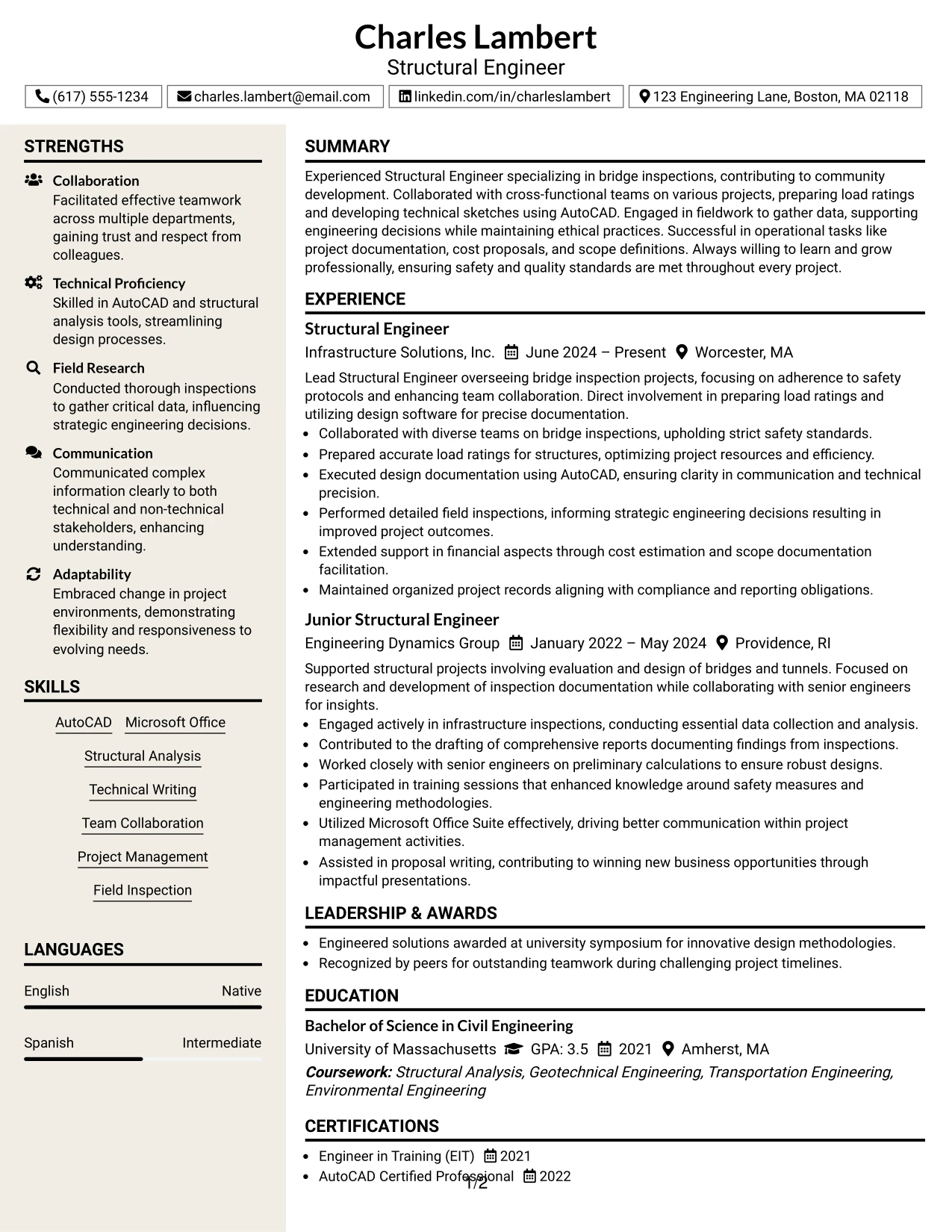 Resume Example Page 1
