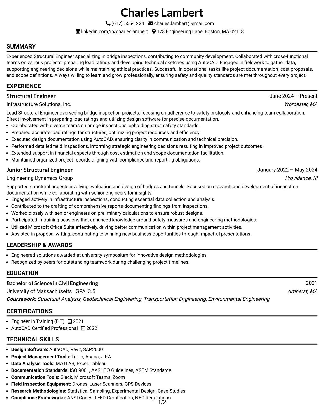 Resume Example Page 1