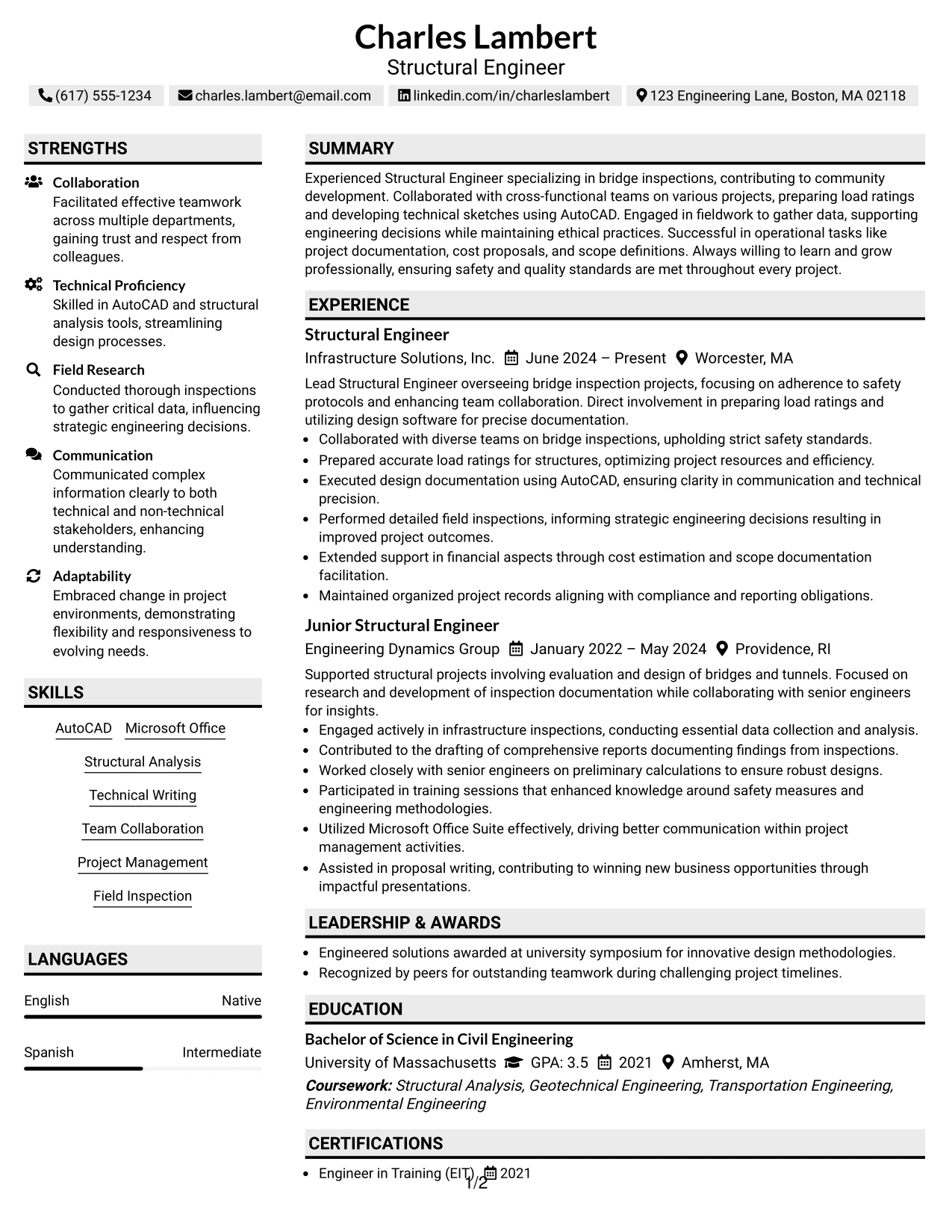 Resume Example Page 1