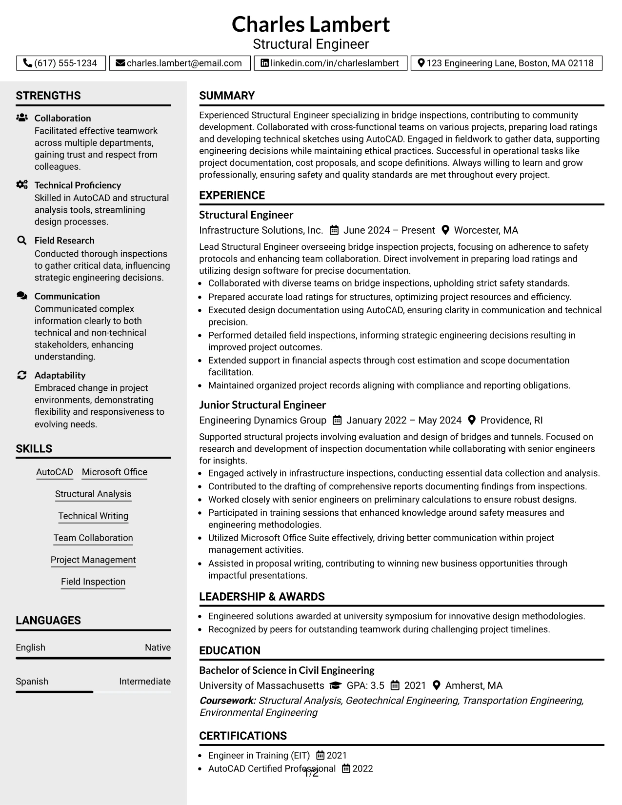 Resume Example Page 1