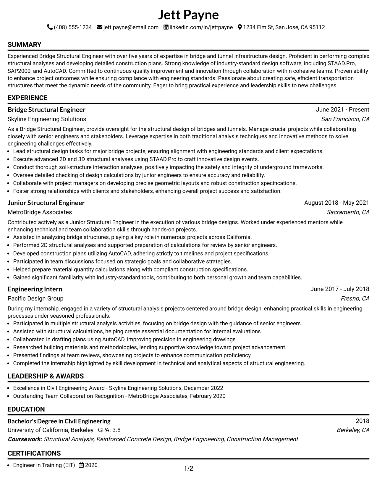 Resume Example Page 1