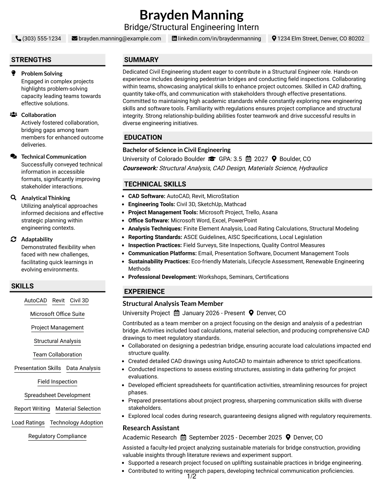 Resume Example Page 1