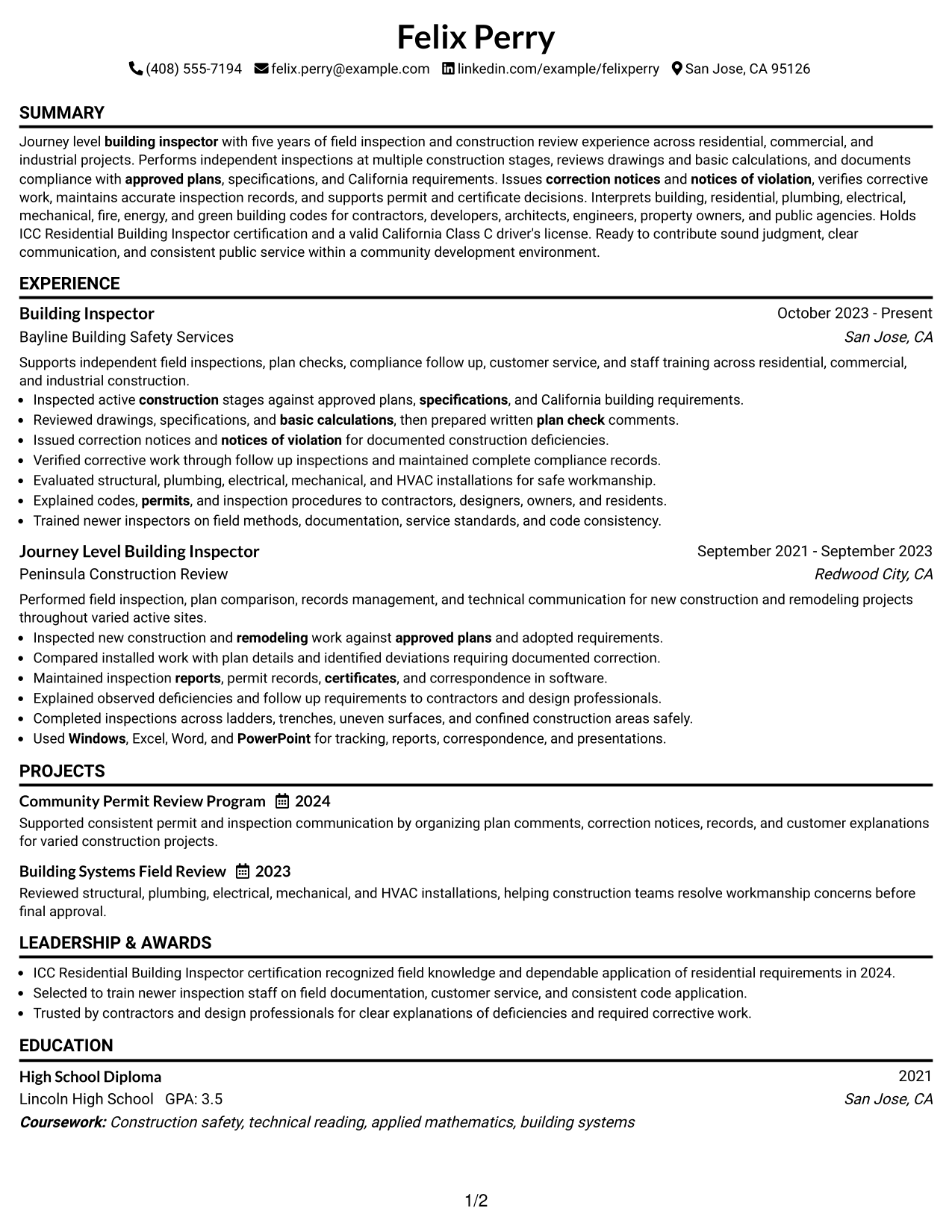 Resume Example Page 1