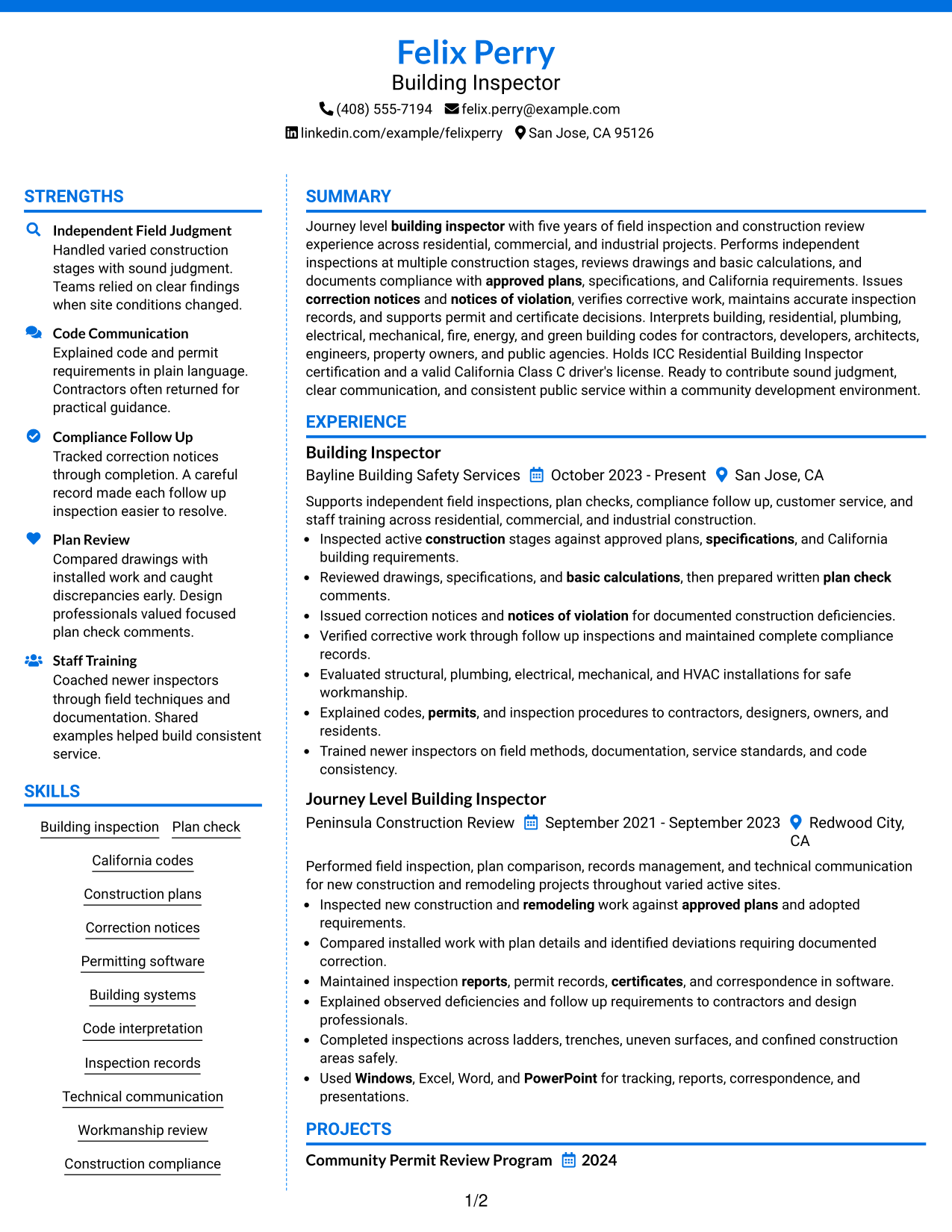 Resume Example Page 1
