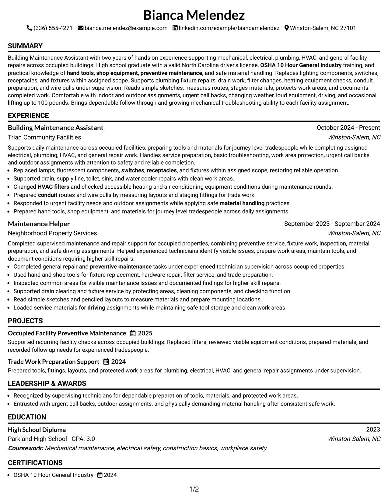 Resume Example Page 1