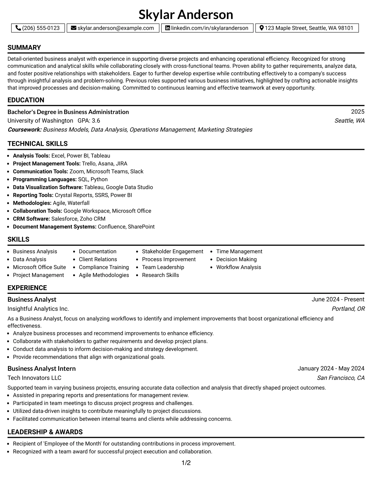 Resume Example Page 1