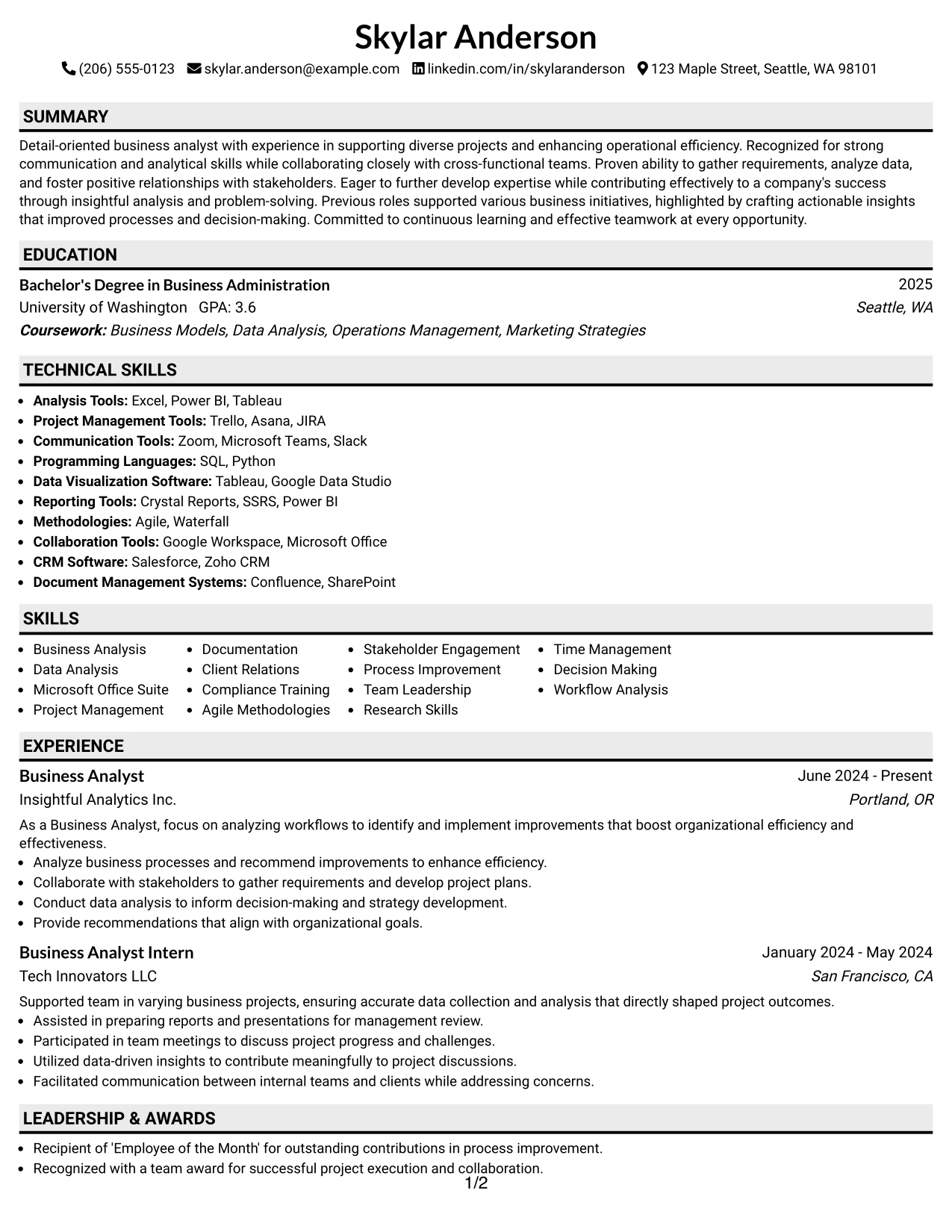 Resume Example Page 1