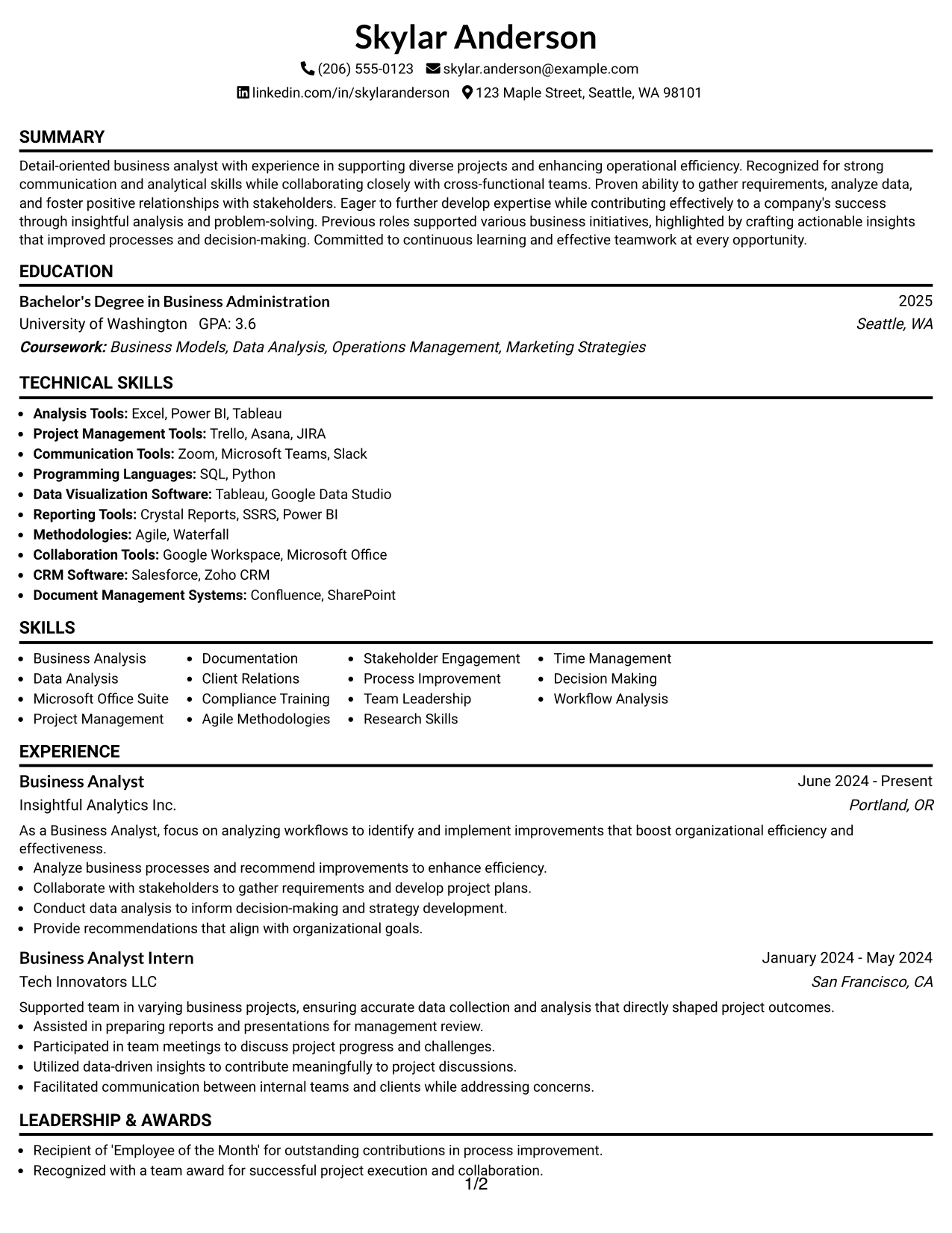 Resume Example Page 1