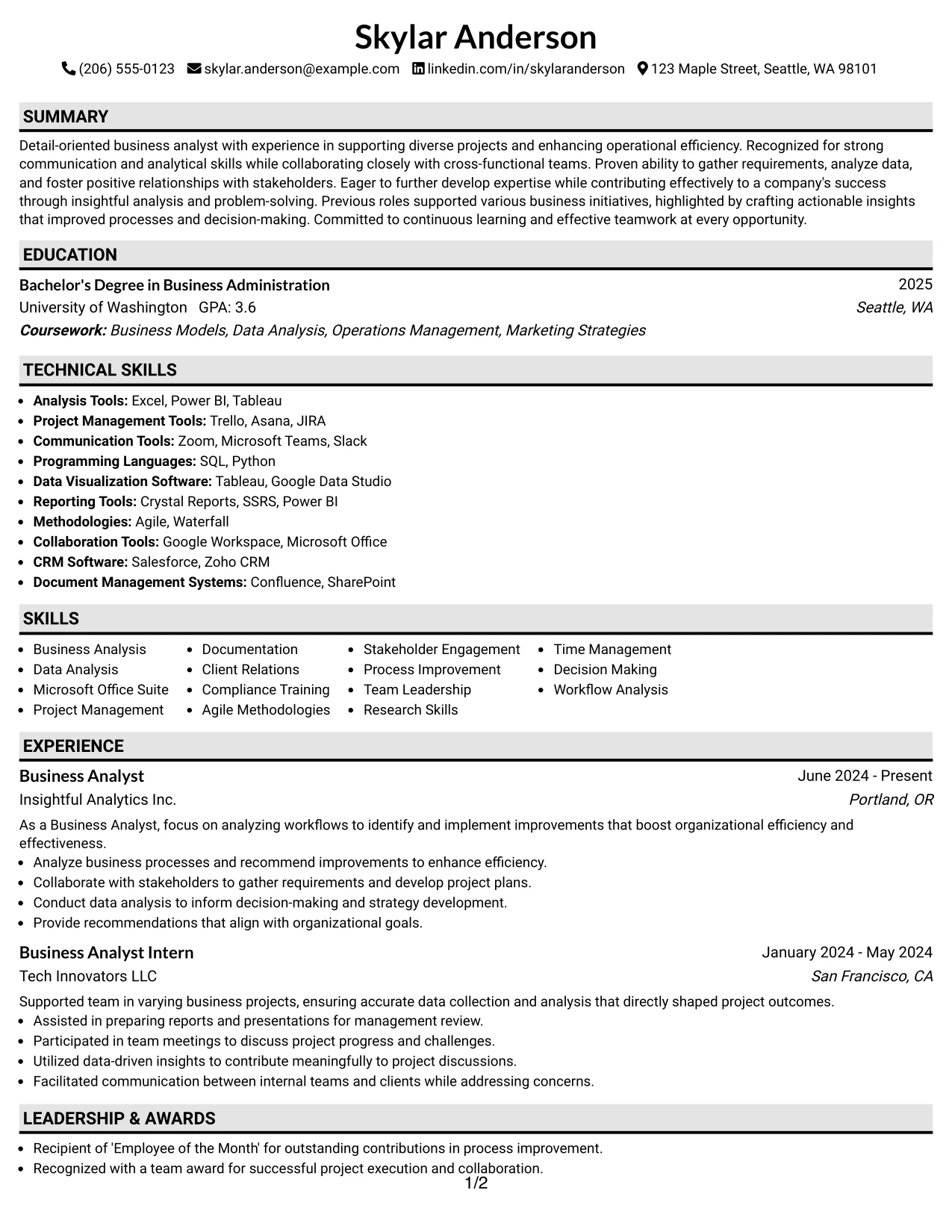 Resume Example Page 1