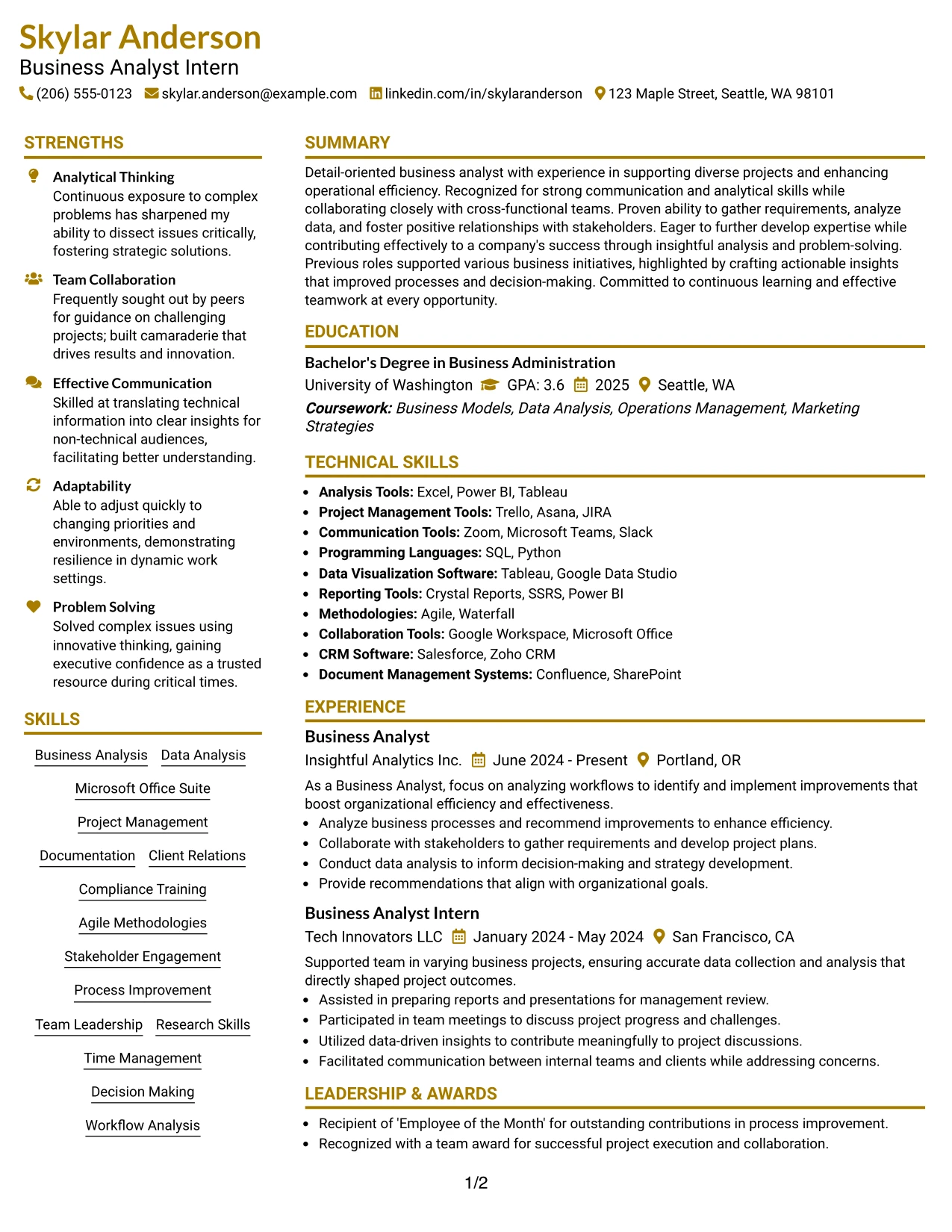 Resume Example Page 1