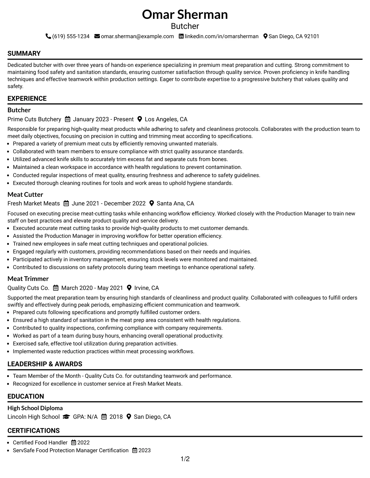 Resume Example Page 1
