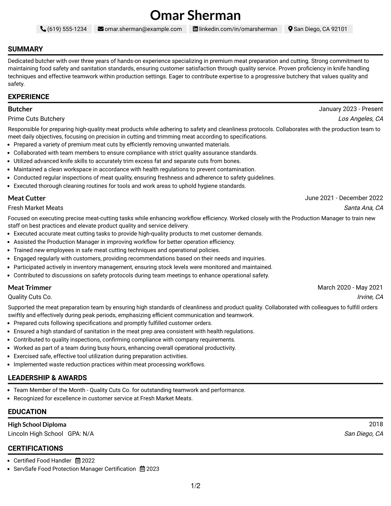 Resume Example Page 1