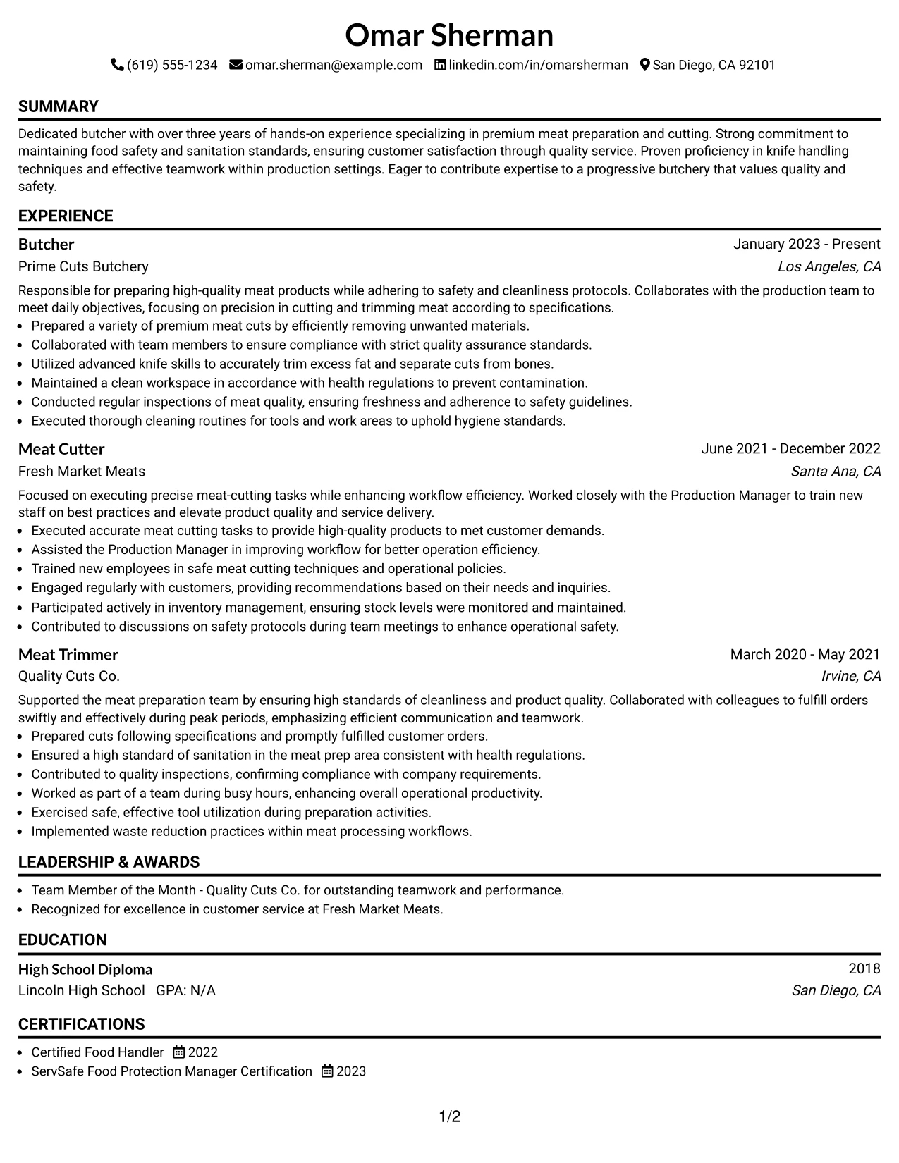 Resume Example Page 1