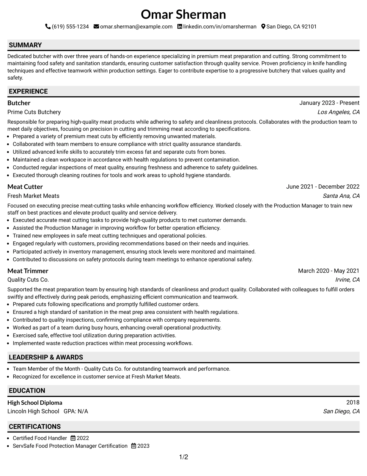 Resume Example Page 1