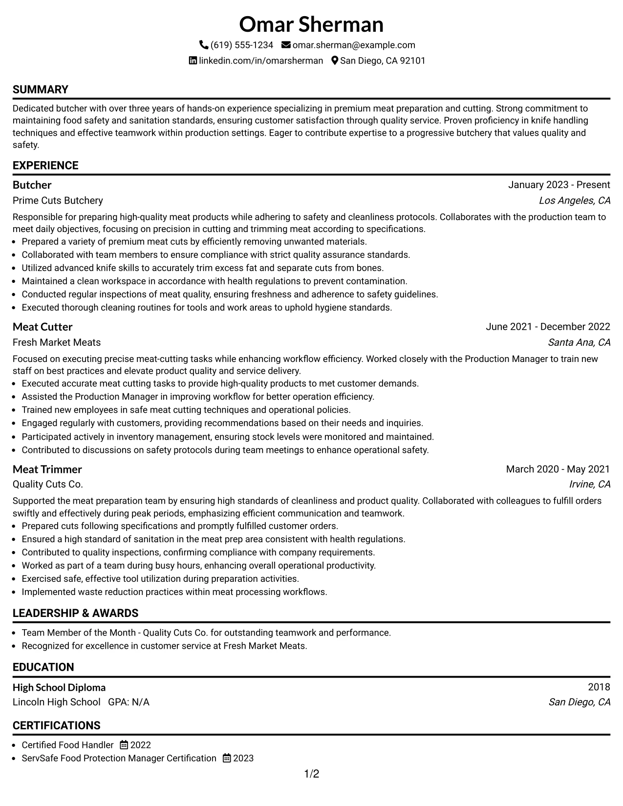 Resume Example Page 1