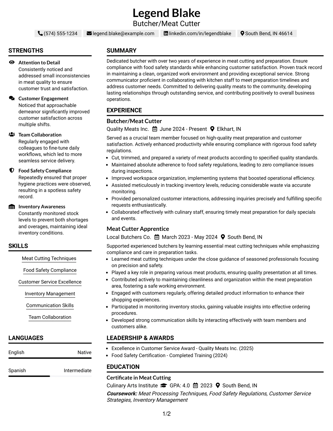 Resume Example Page 1