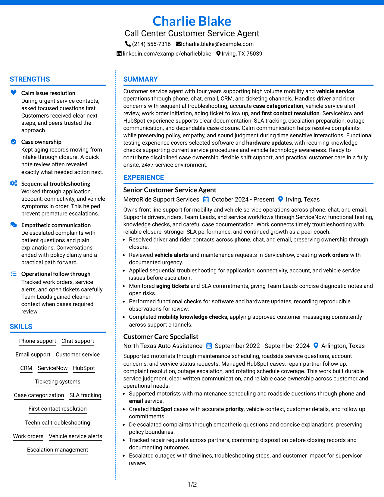 Resume Example Page 1