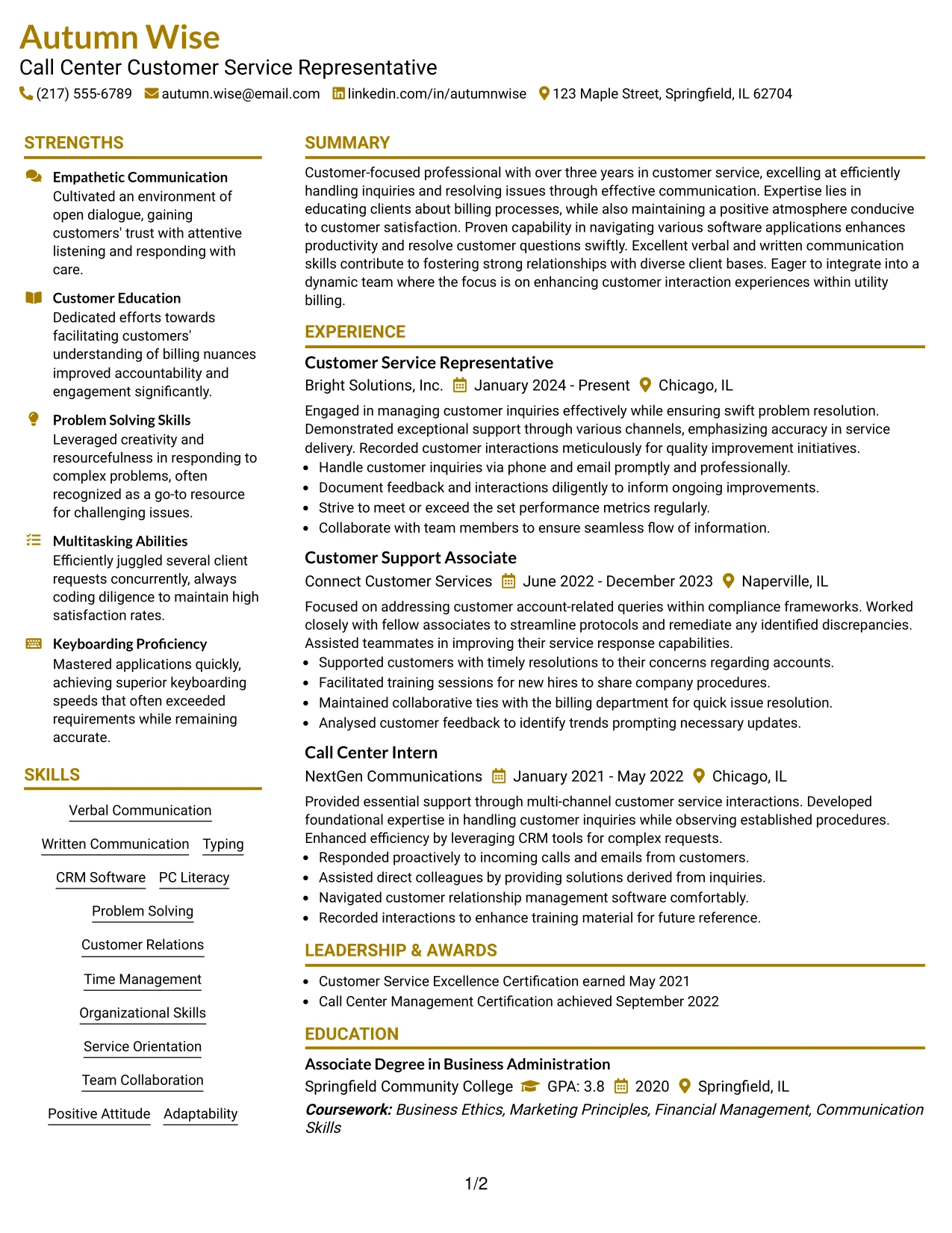 Resume Example Page 1