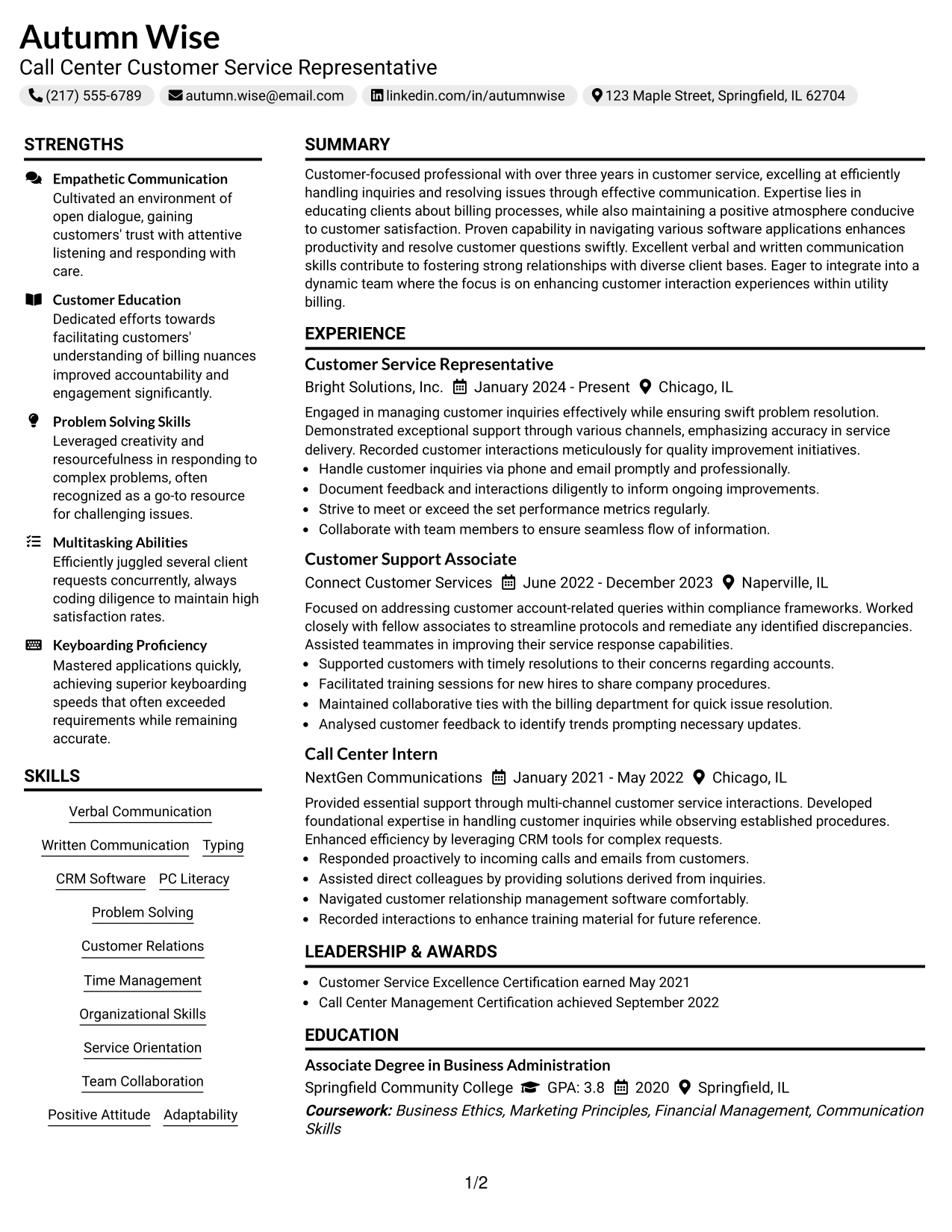 Resume Example Page 1