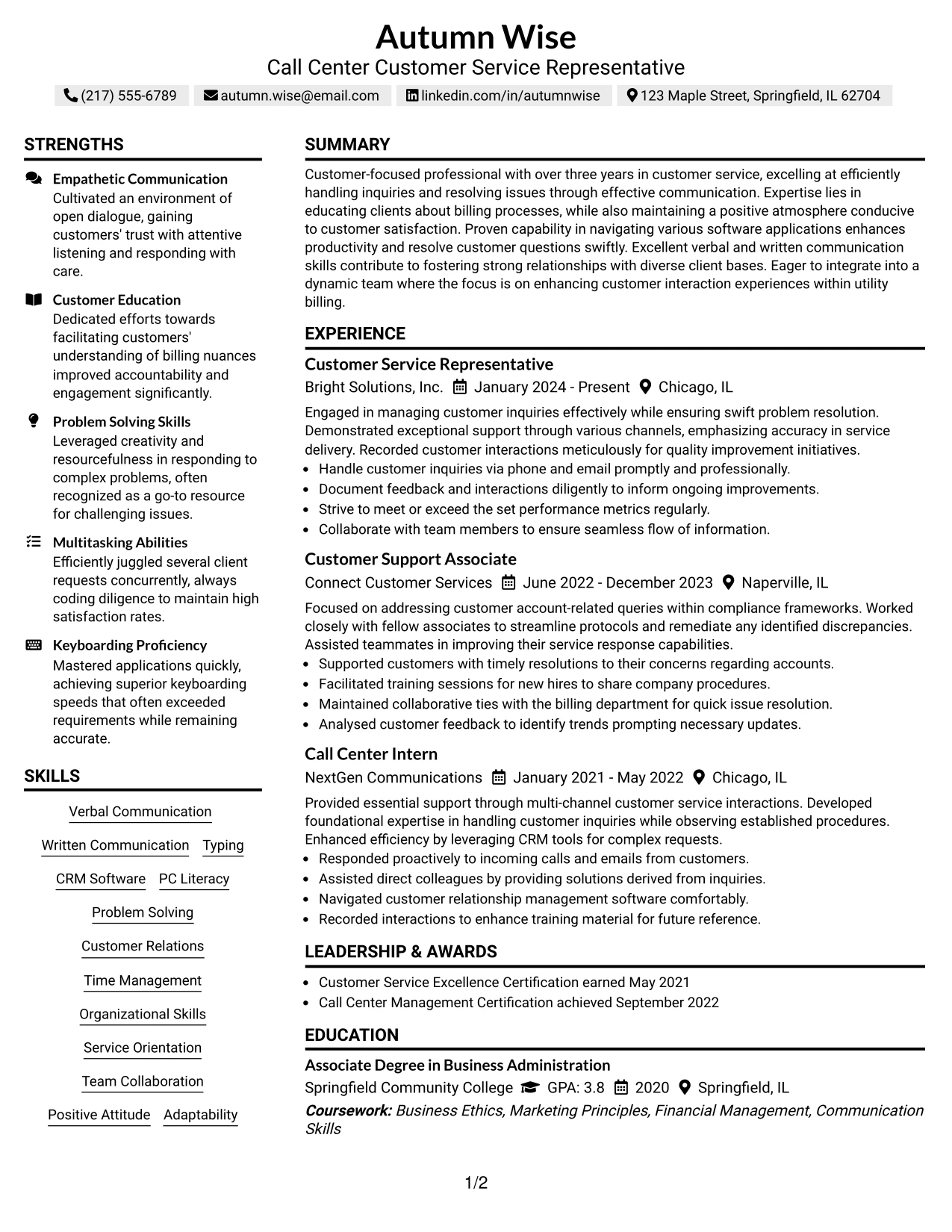 Resume Example Page 1