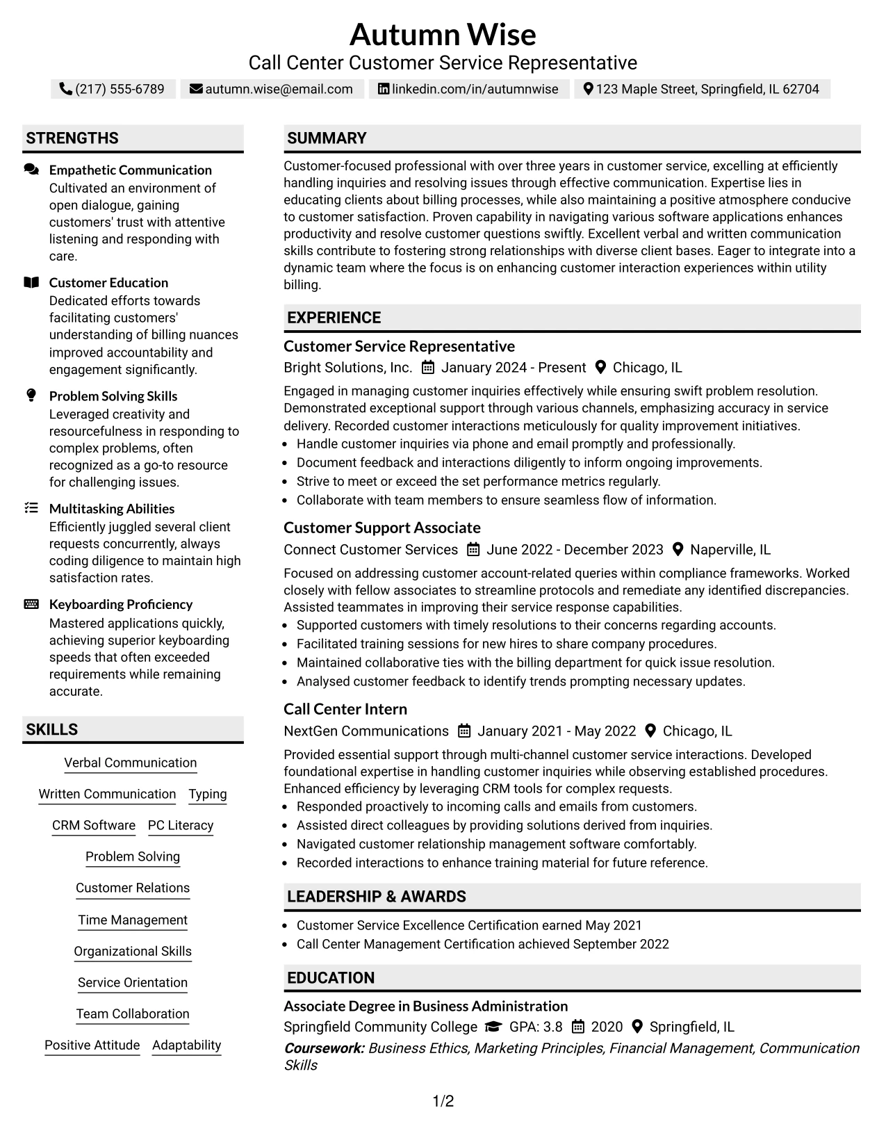 Resume Example Page 1