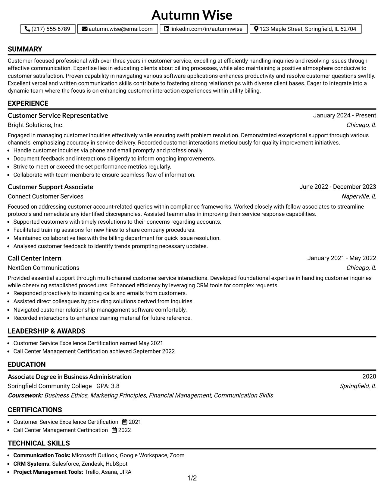 Resume Example Page 1