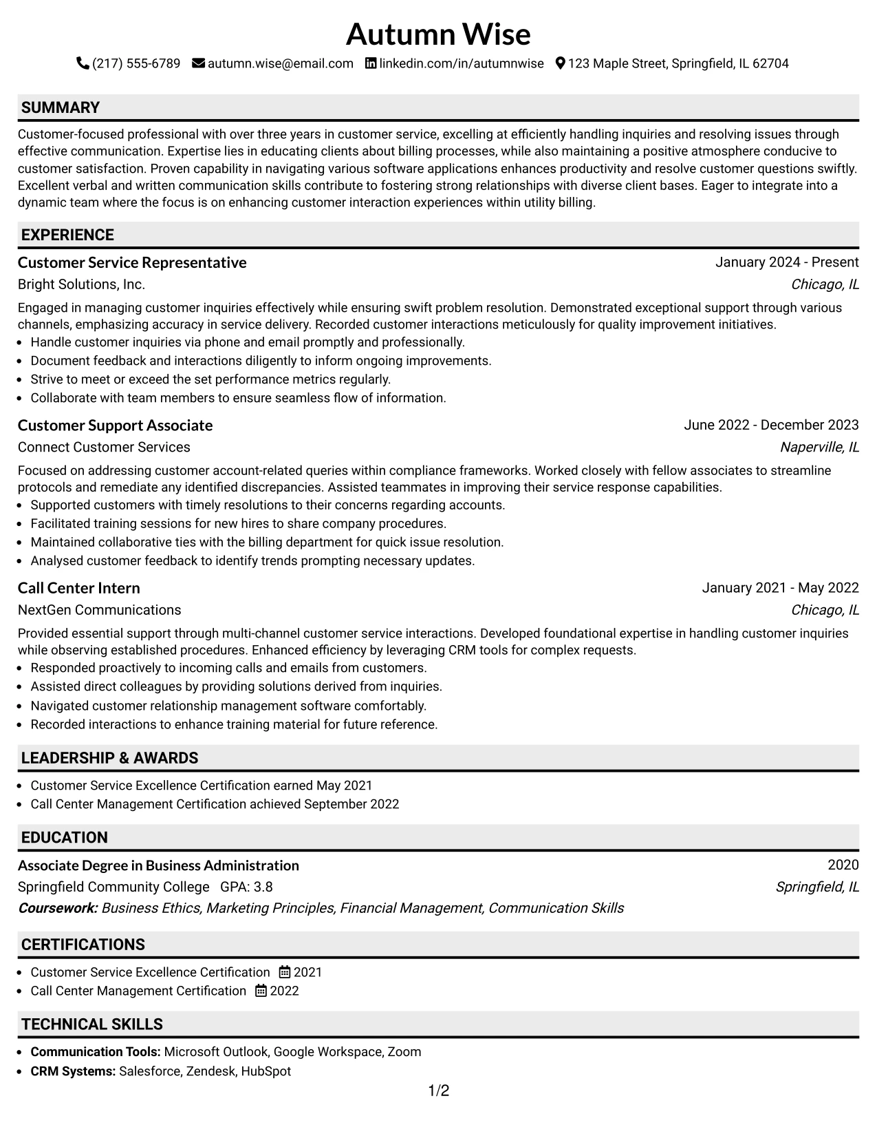 Resume Example Page 1