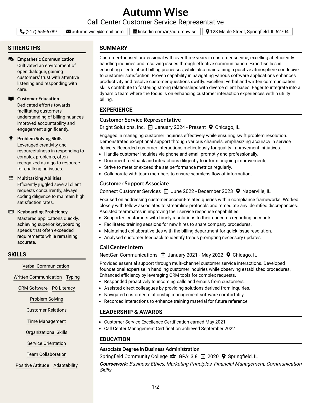 Resume Example Page 1