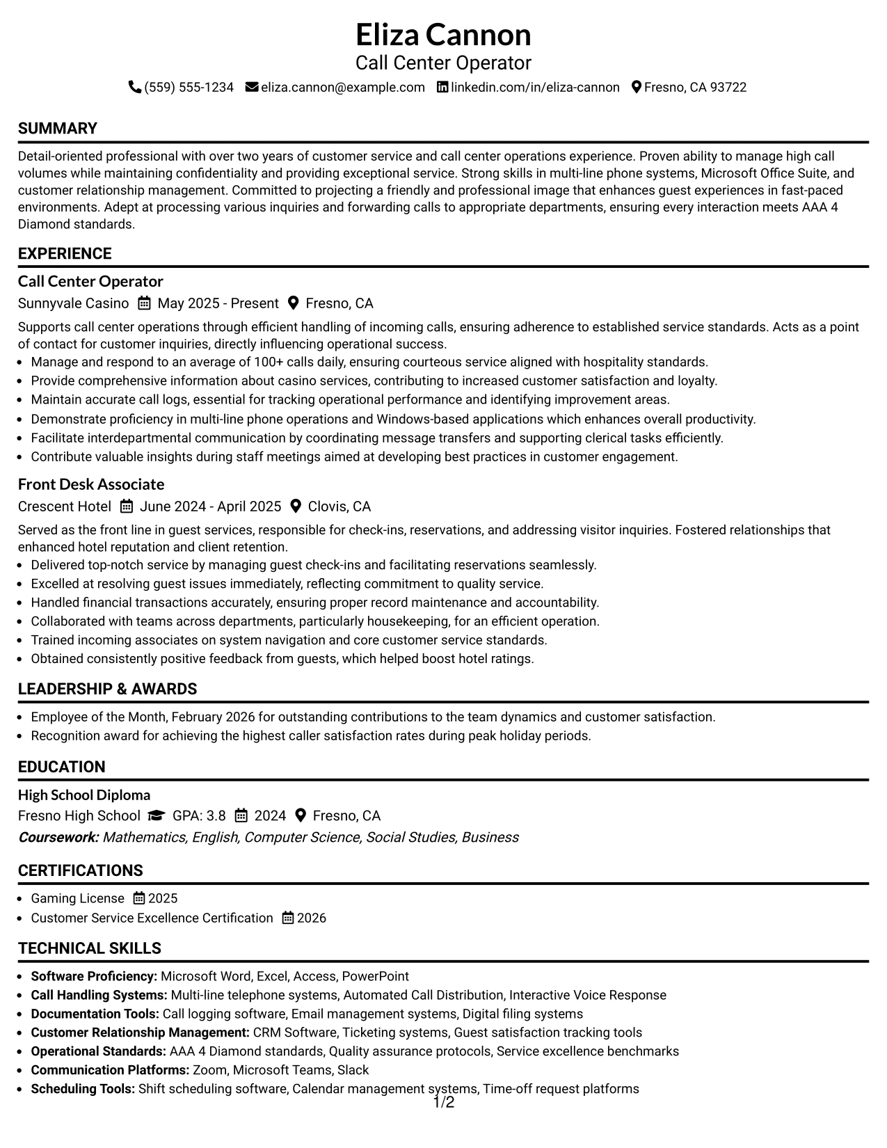 Resume Example Page 1