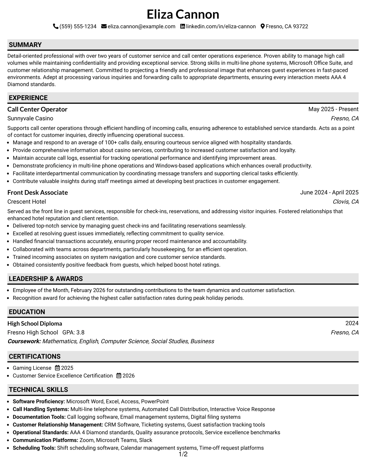 Resume Example Page 1