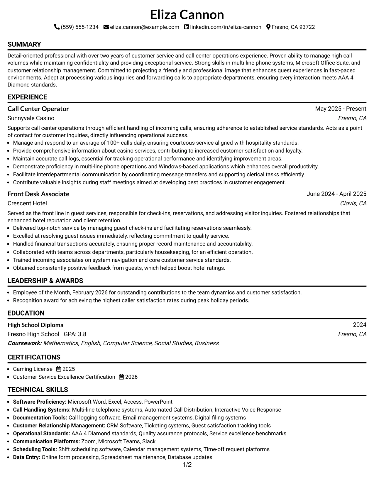 Resume Example Page 1