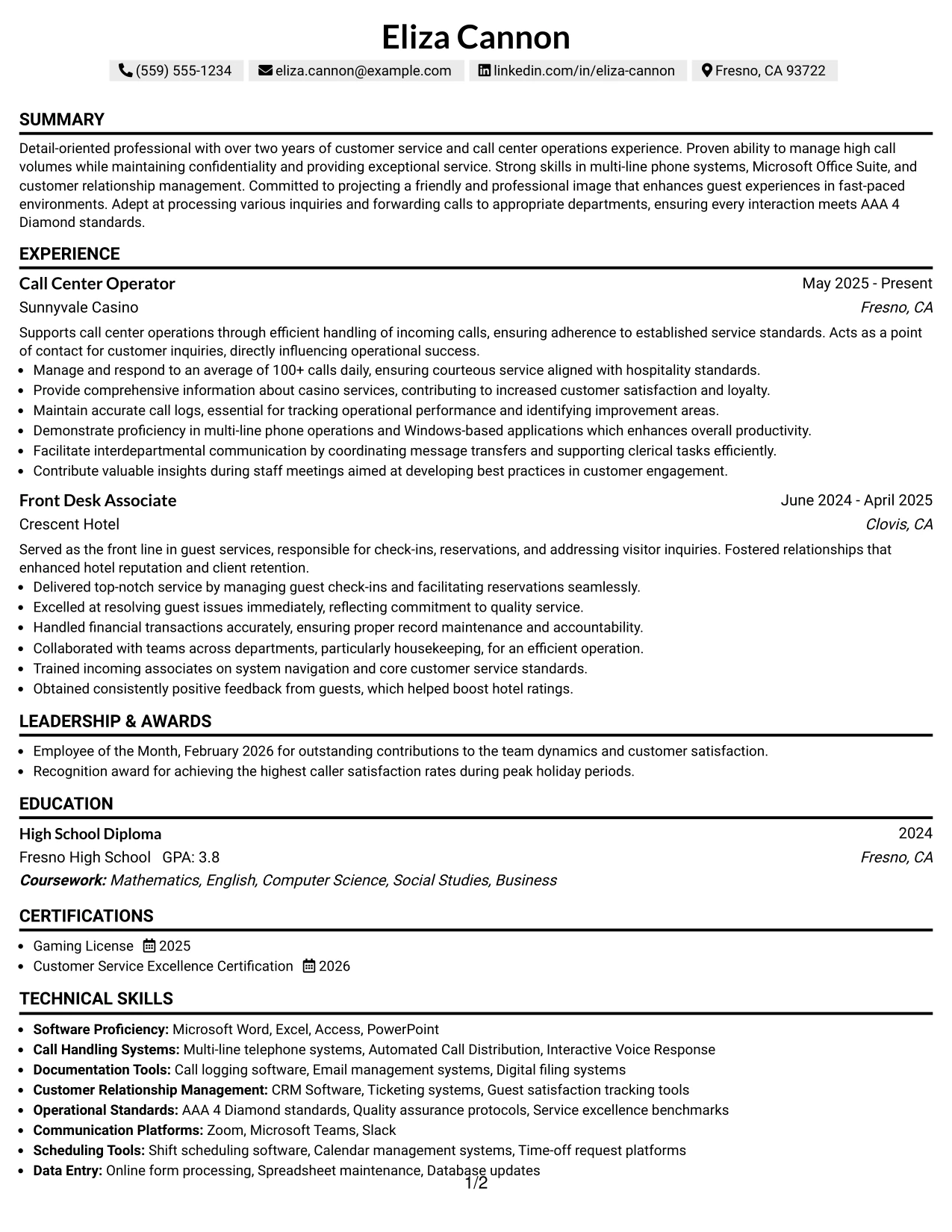 Resume Example Page 1