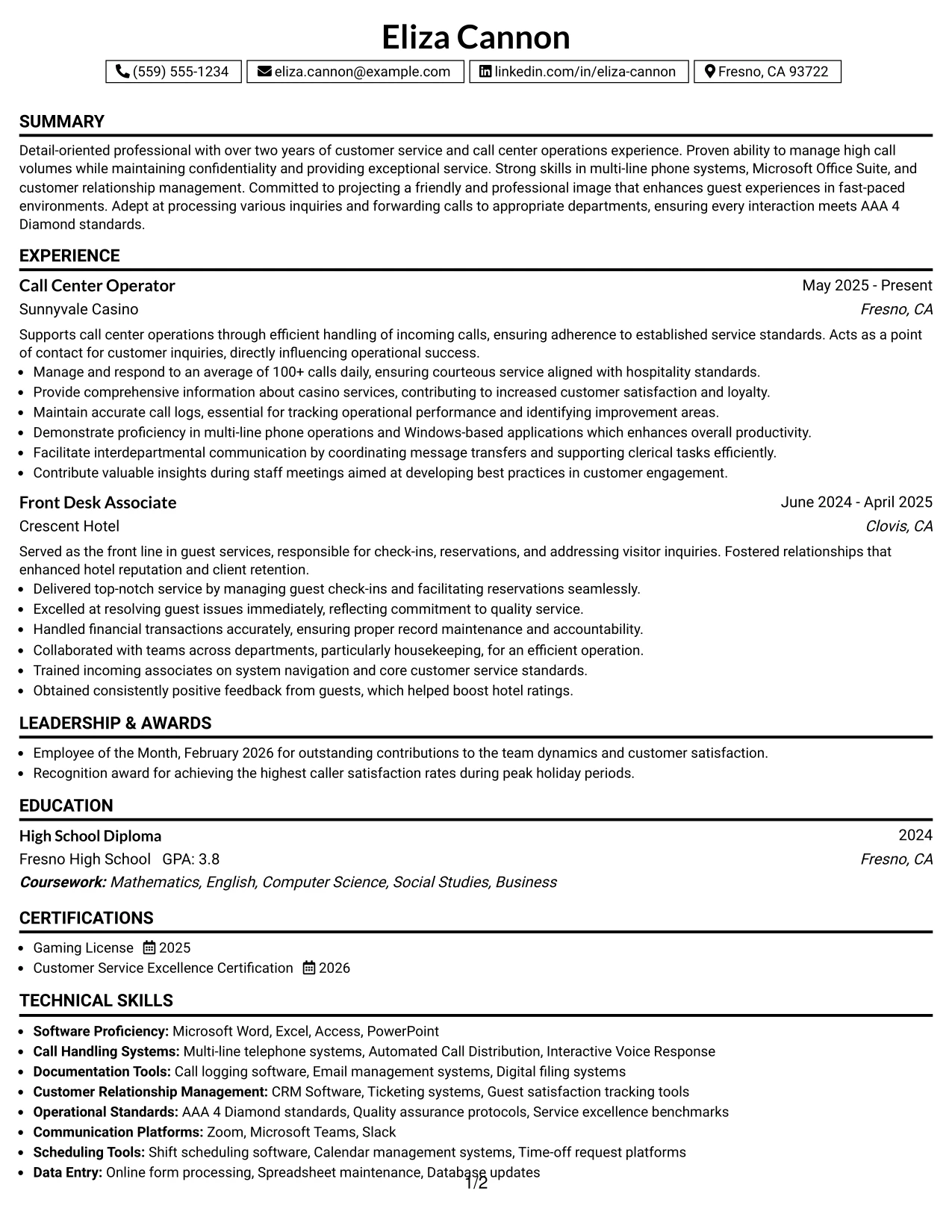 Resume Example Page 1