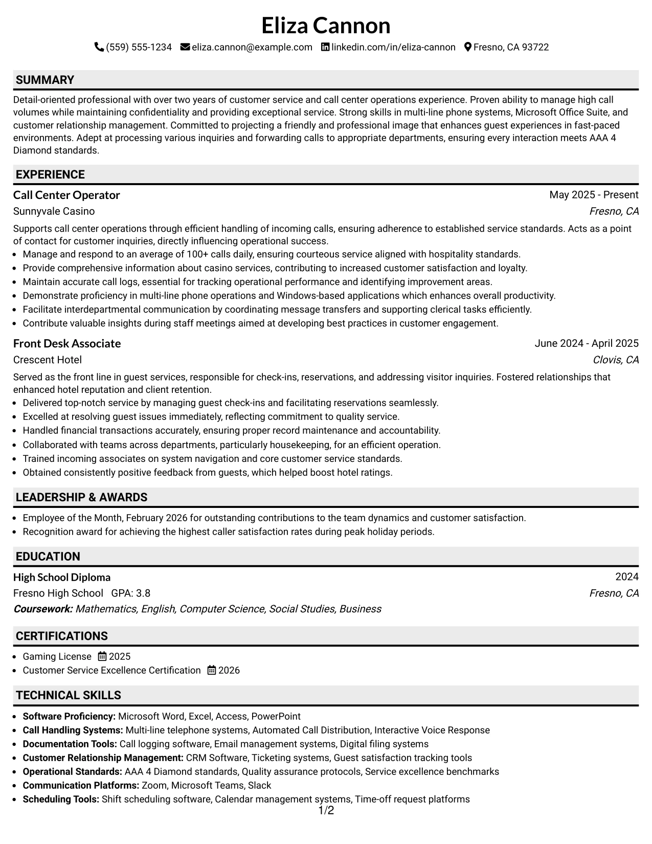 Resume Example Page 1