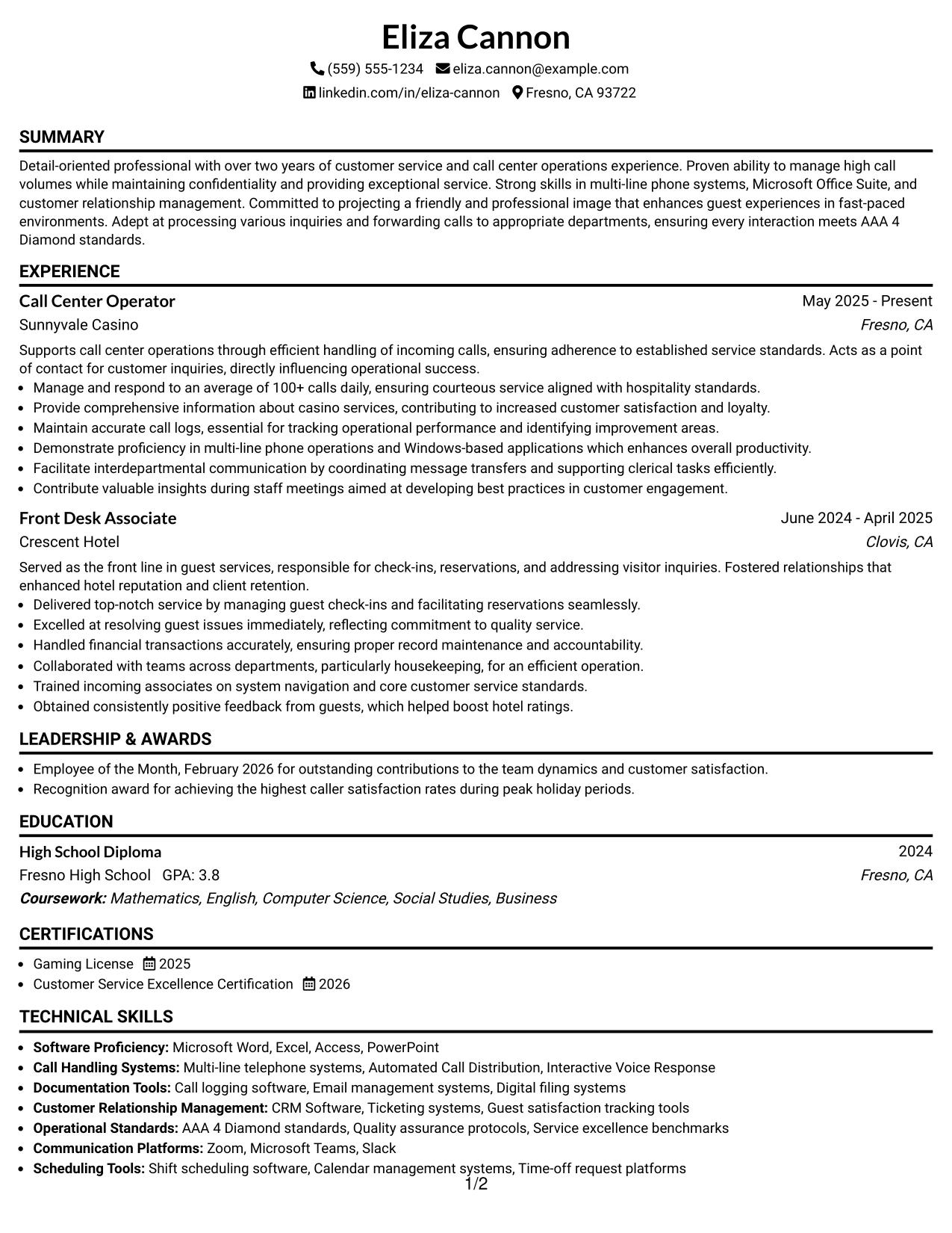 Resume Example Page 1