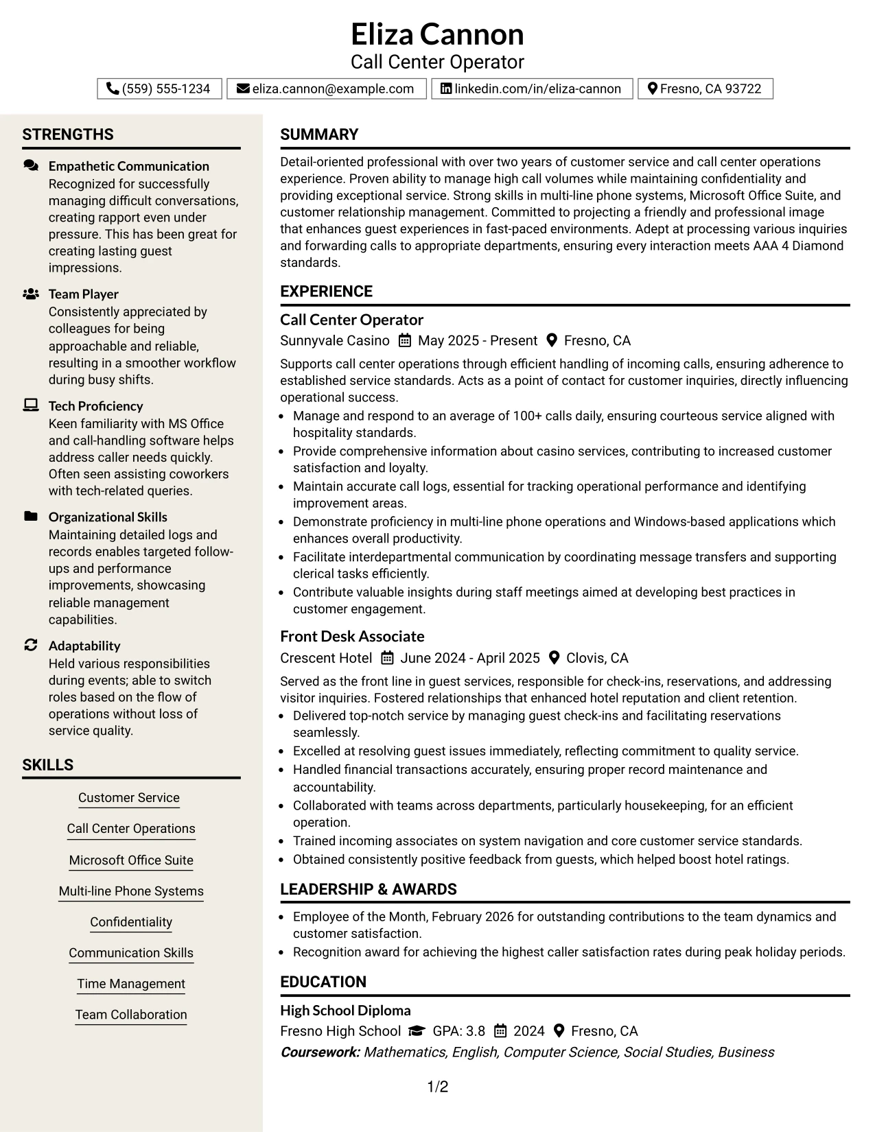 Resume Example Page 1