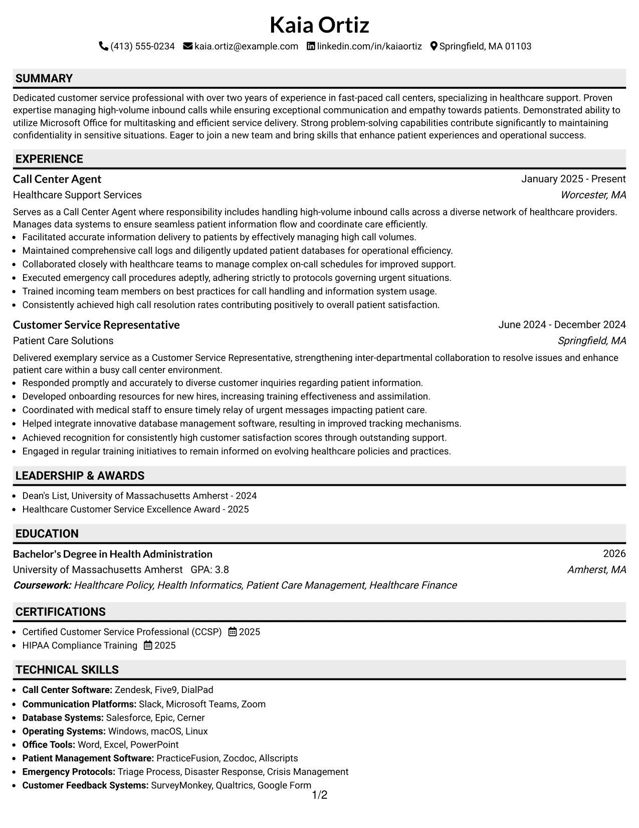 Resume Example Page 1