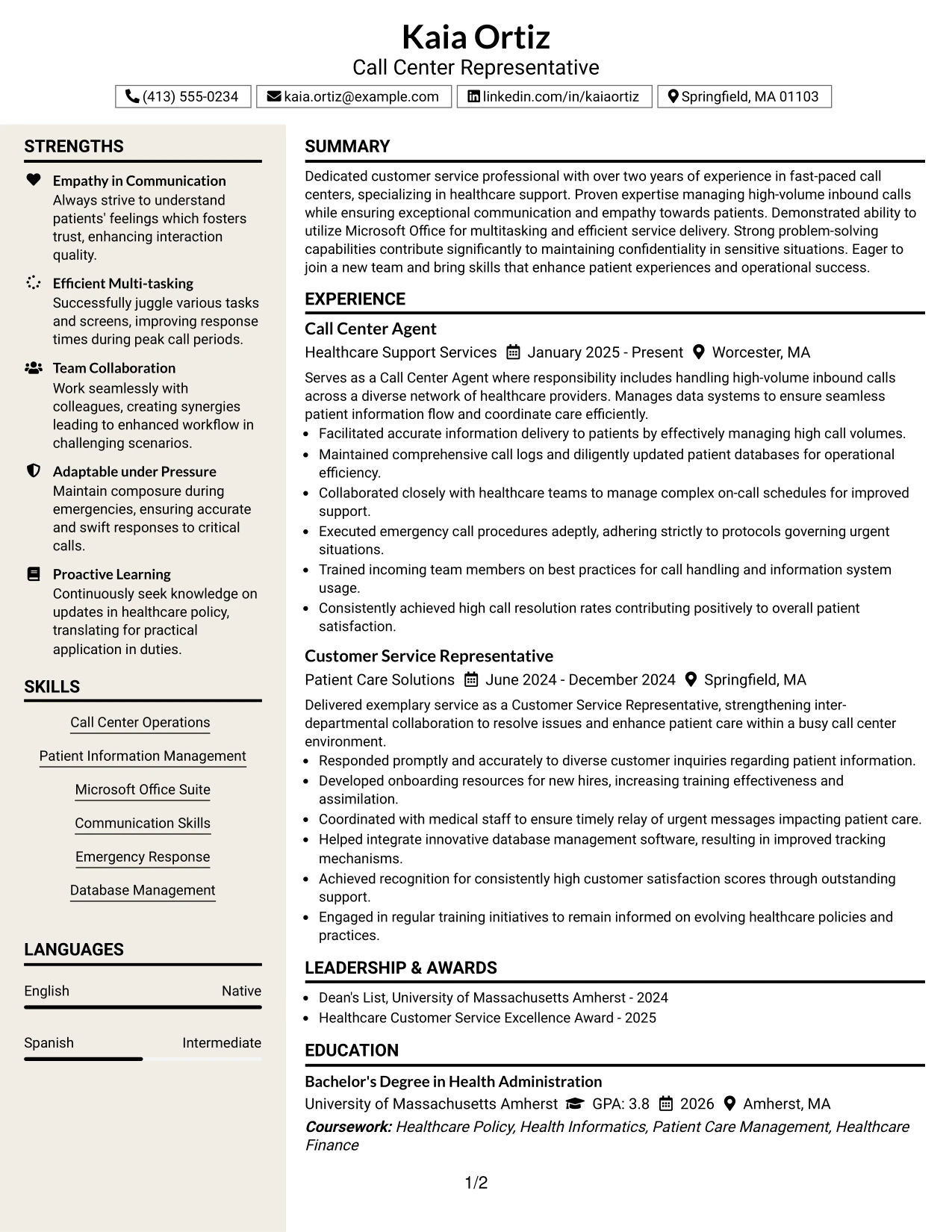 Resume Example Page 1