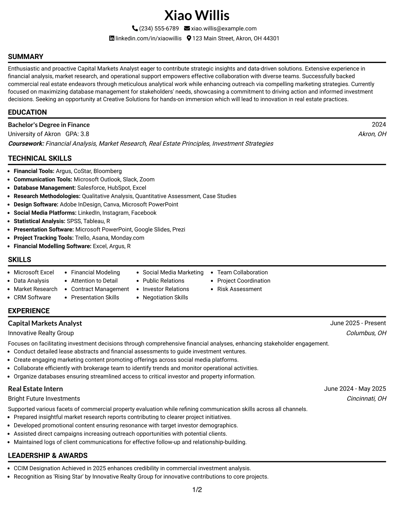 Resume Example Page 1